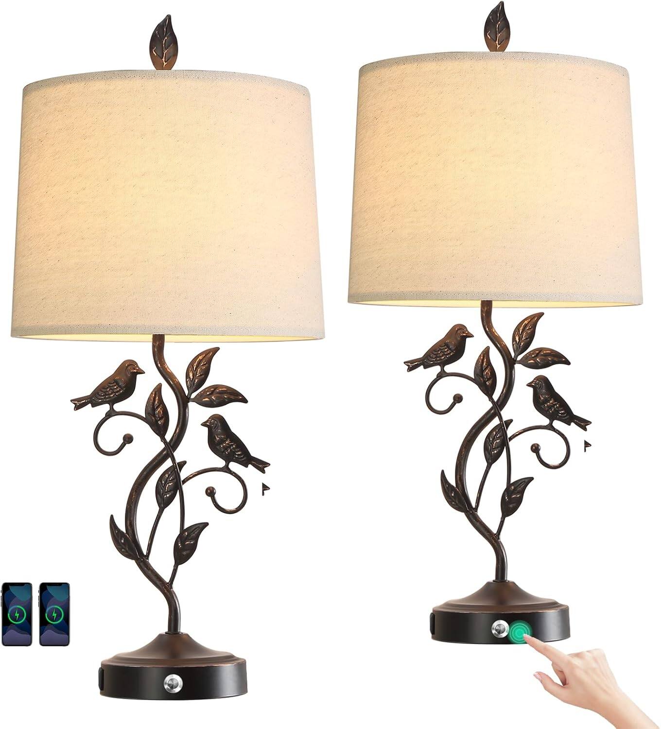 Cozy Serene - Bronze black Lamp Bulb Touch Dimmable USB Bronze Farmhouse Table Lamps Living Room with Ports Vintage - Bronze