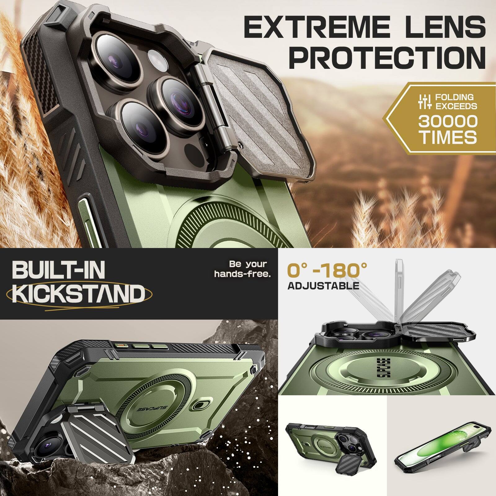 EXTREME LENS PROTECTION +1 FOLDING TT+ EXCEEDS 30000 TIMES BUILT-IN KICKSTAND. Be your hands-free. 0°-180° ADJUSTABLE. SUPCASE RES.