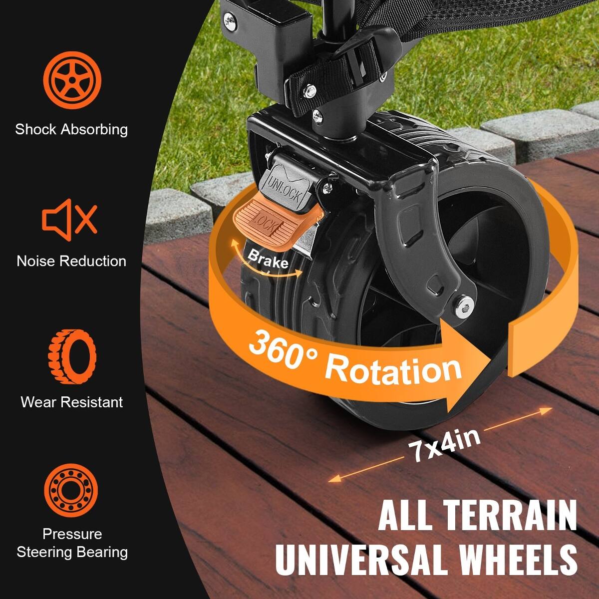 Shock Absorbing  
Noise Reduction  
Wear Resistant  
Pressure Steering Bearing  

JUNLOCK LOCKE Brake 360° Rotation 7x4in ALL TERRAIN UNIVERSAL WHEELS