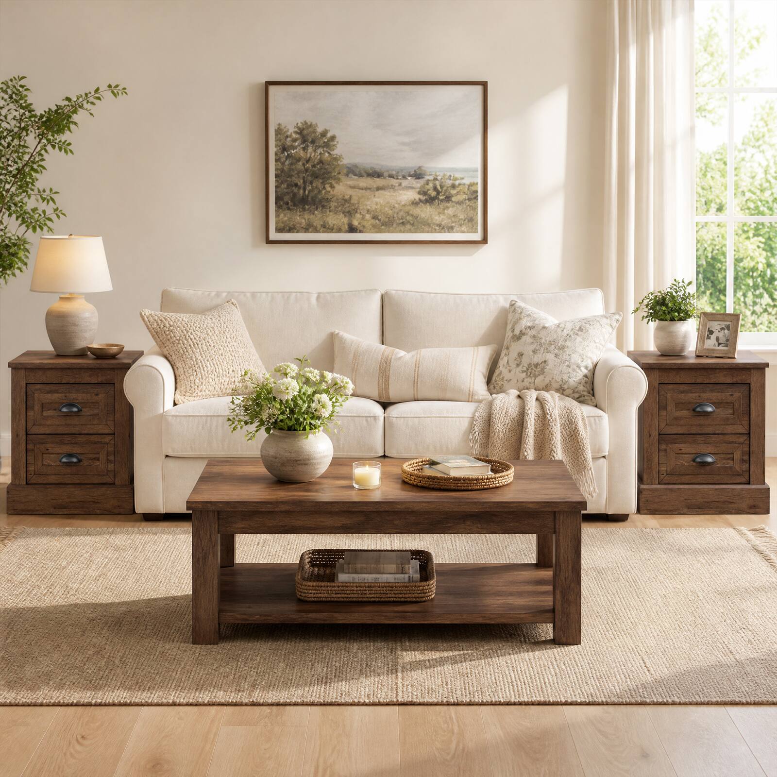 Alt View 4. Gymax - Gymax 2PCS Farmhouse Nightstand w/ 2 Large Drawers and Metal Handles Elevated Base Brown - Brown.