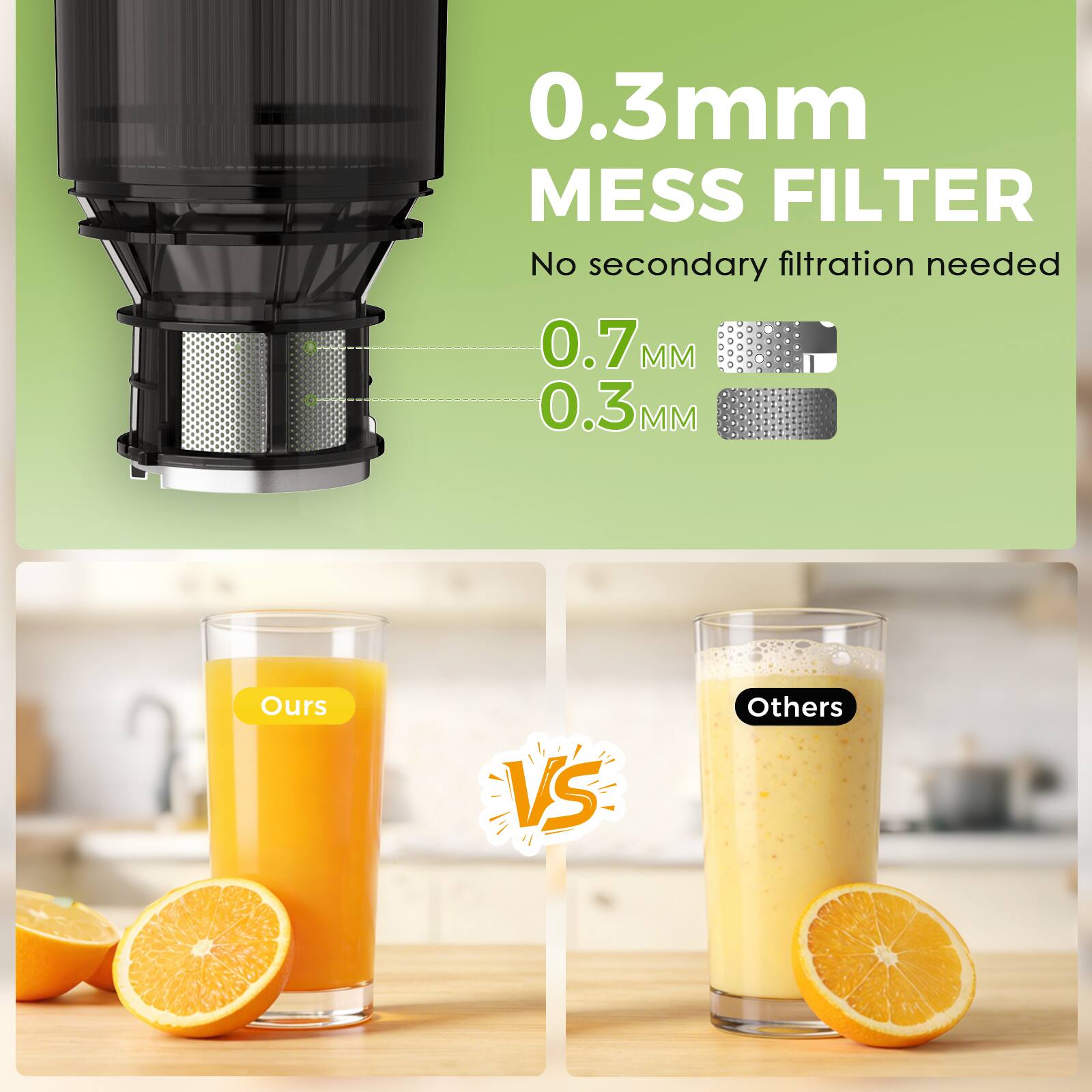 0.3mm MESS FILTER  
No secondary filtration needed  
0.7MM  
0.3MM  

Ours  
VS  
Others
