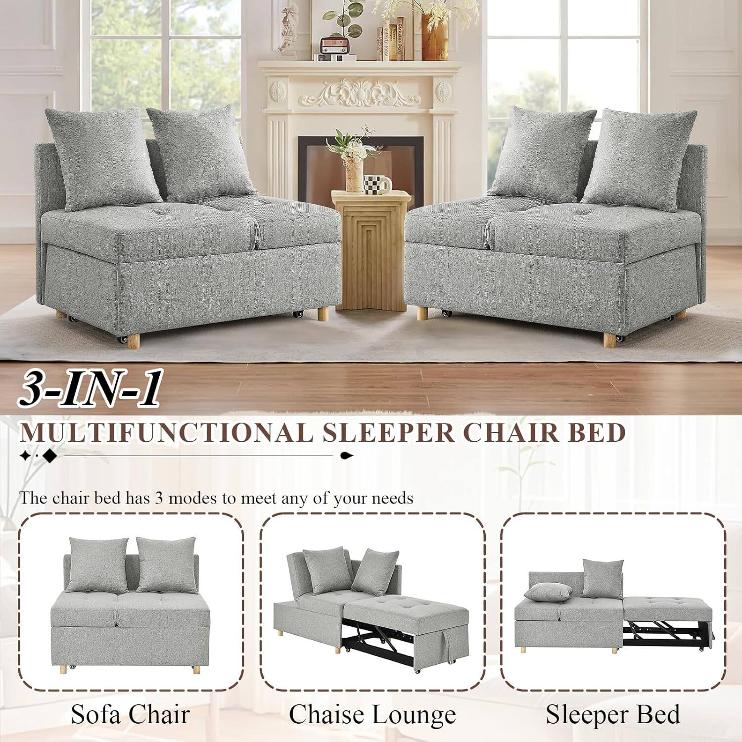 3-IN-1 MULTIFUNCTIONAL SLEEPER CHAIR BED

The chair bed has 3 modes to meet any of your needs

- Sofa Chair
- Chaise Lounge
- Sleeper Bed