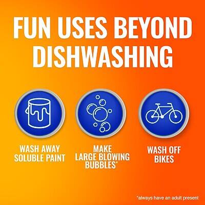 FUN USES BEYOND DISHWASHING

- WASH AWAY SOLUBLE PAINT
- MAKE LARGE BLOWING BUBBLES*
- WASH OFF BIKES

*always have an adult present