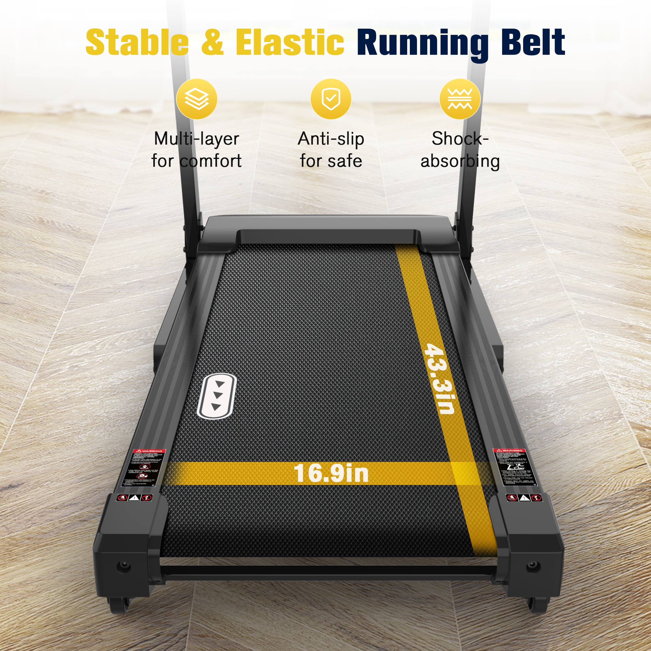 Stable & Elastic Running Belt, Multi-layer for comfort, Anti-slip for safe, Shock-absorbing, 16.9in, 43.3in