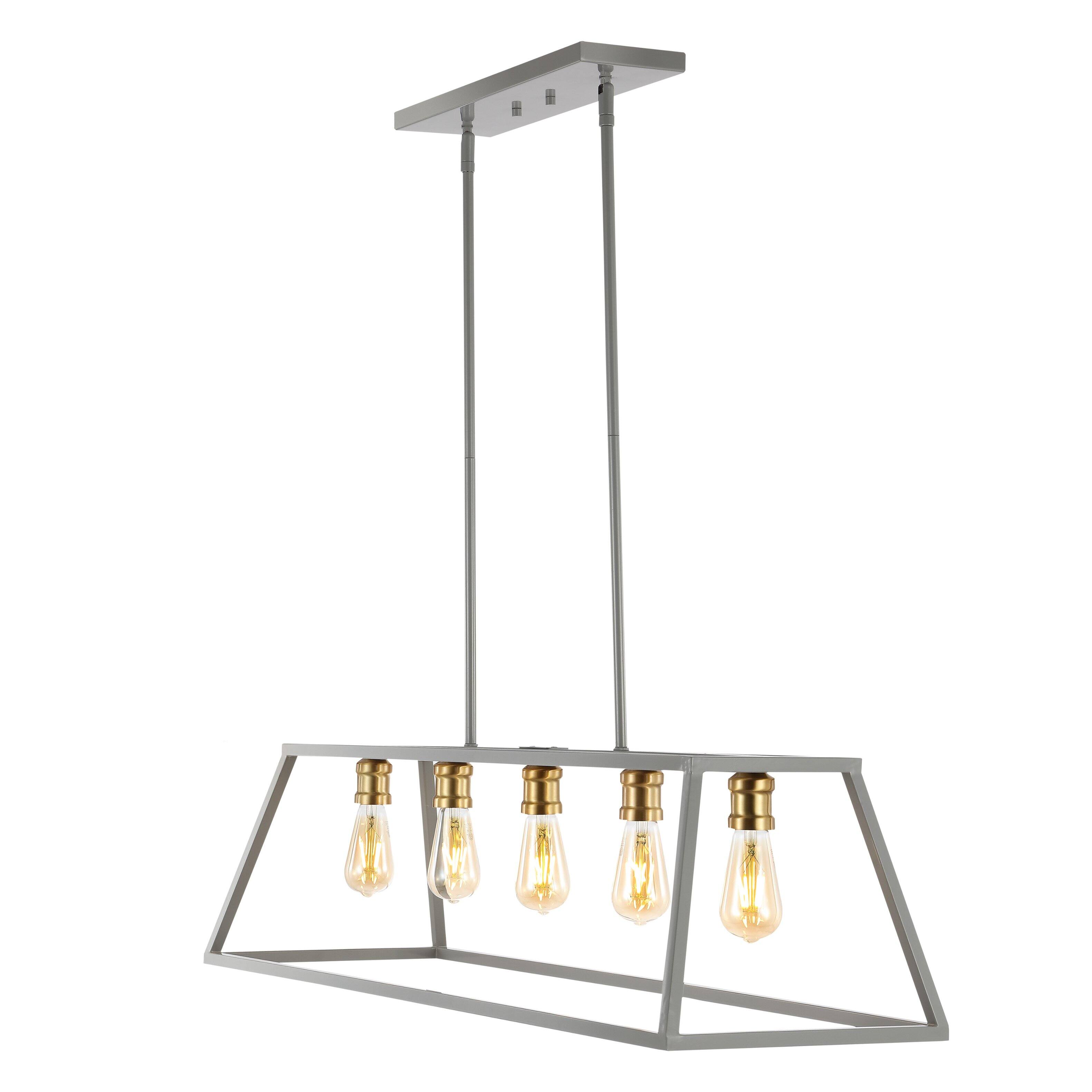 Front. Jonathan Y - Floyd 38" 5-Light Bohemian Farmhouse Iron Adjustable LED Pendant, Grey/Brass Gold - Gray.