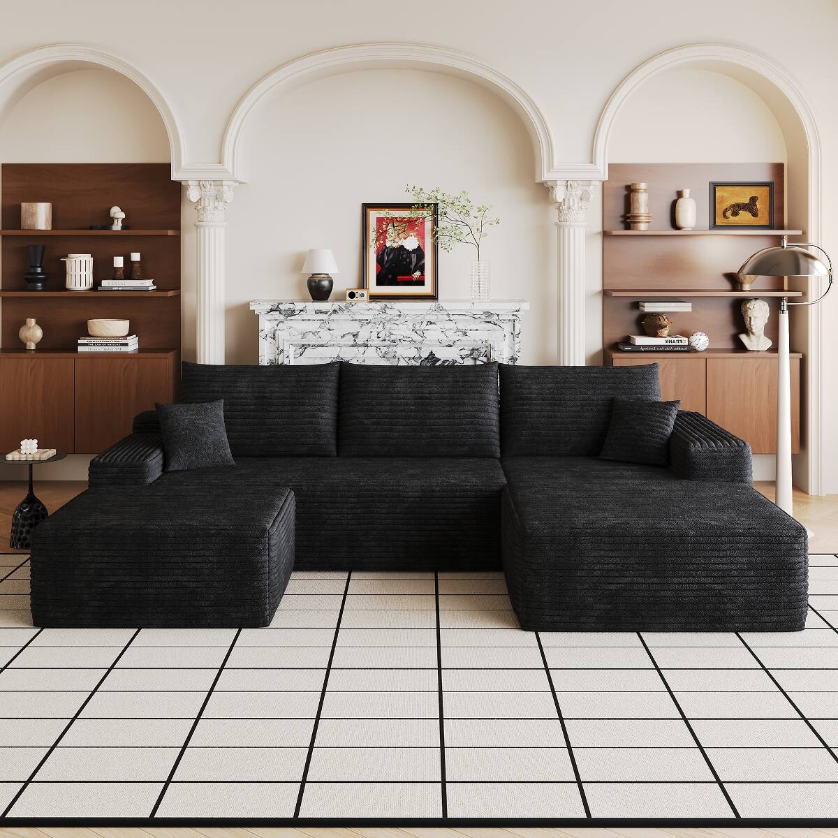 Front. Ropilly - Ropilly 107 inch U Shaped Sectional Sofa with Ottoman, Black Corduroy Upholstered 4 Seat Sectional - Black.