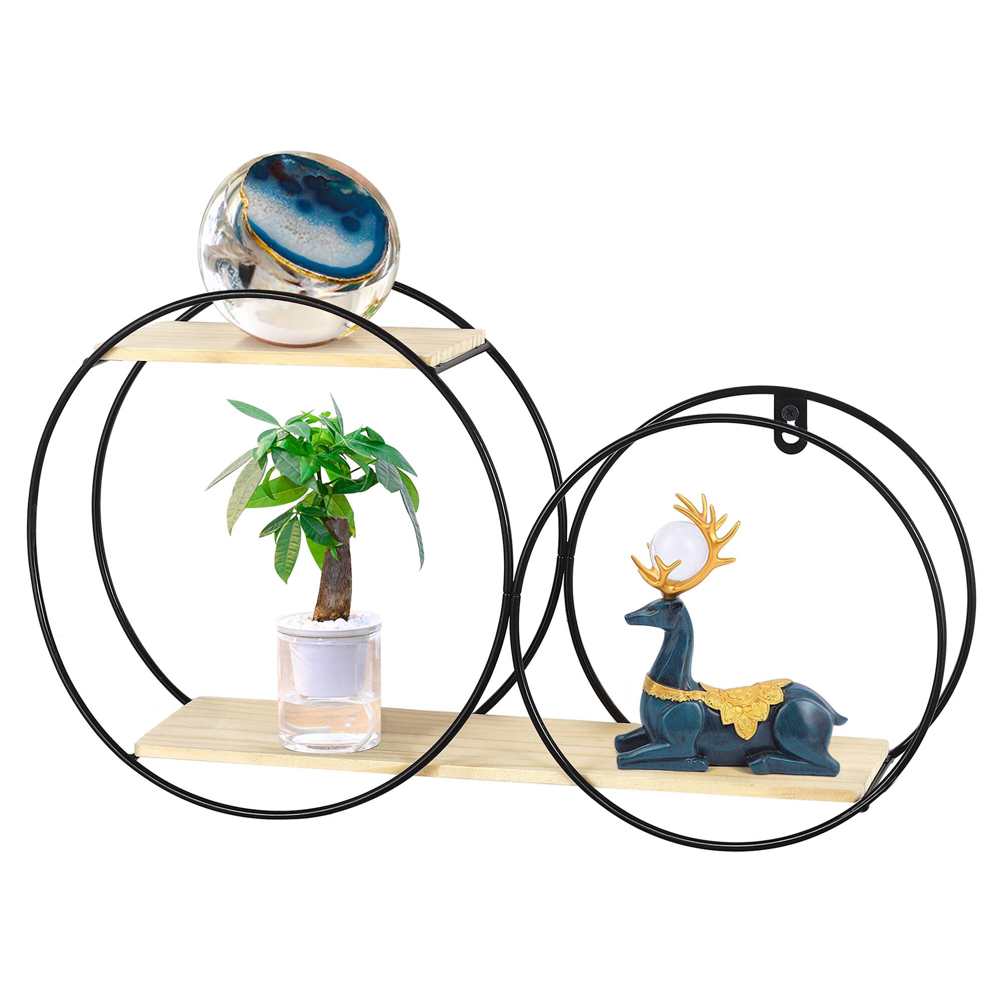 Front. Oumilen - Black Metal Circular Floating Wall Shelf with Natural Wood Boards - Black.
