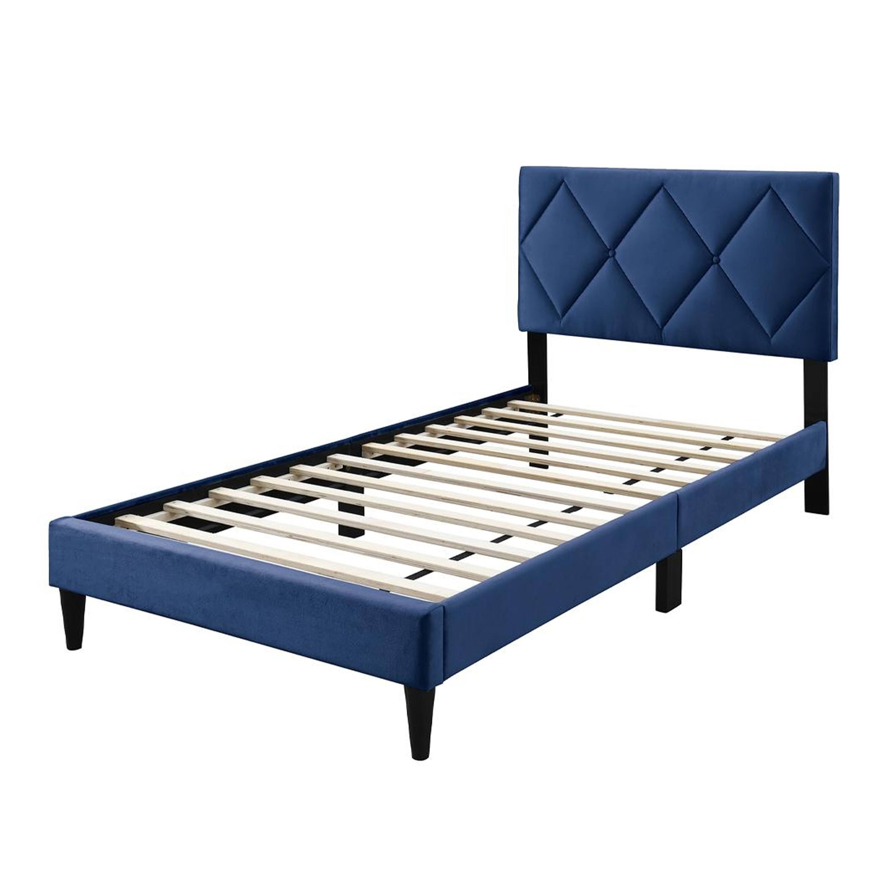 Alt View 1. Manhattan Lane - Lilian Twin Bed, Tufted Navy Blue Velvet Upholstery, Diamond Stitch - Navy Blue, Black.