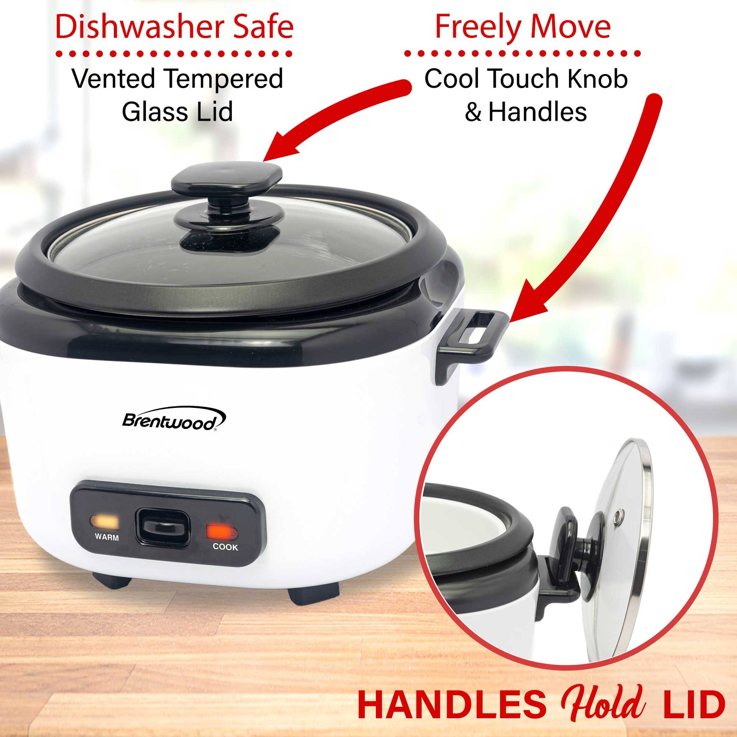 Dishwasher Safe Vented Tempered Glass Lid  
Freely Move Cool Touch Knob & Handles  
Brentwood  
WARM COOK  
HANDLES Hold LID