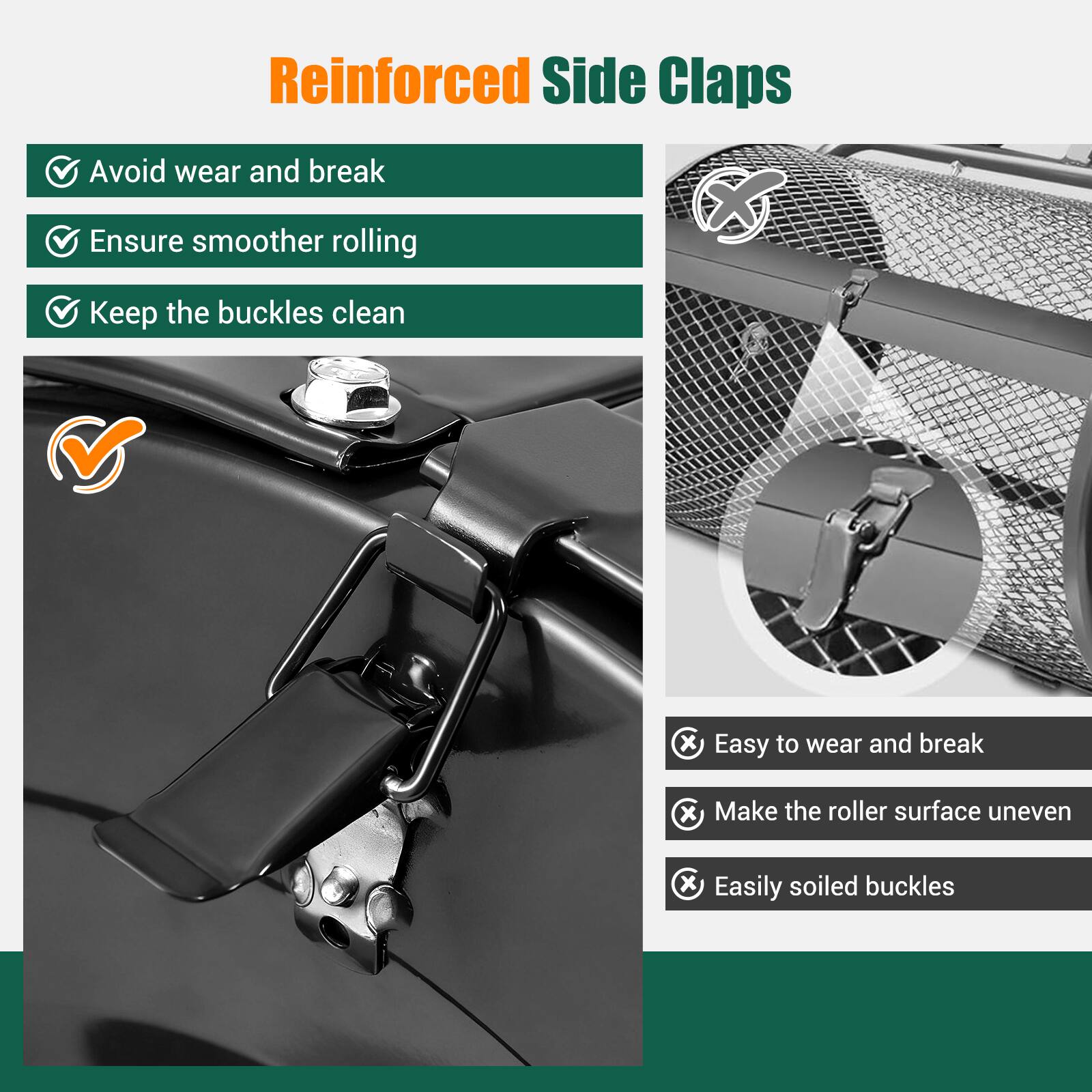 Reinforced Side Claps

- Avoid wear and break
- Ensure smoother rolling
- Keep the buckles clean

- Easy to wear and break
- Make the roller surface uneven
- Easily soiled buckles