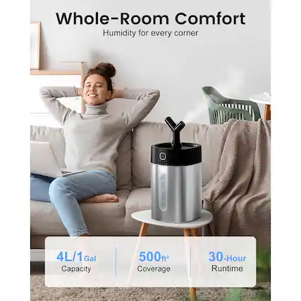 Whole-Room Comfort
Humidity for every corner
4L/1 Gal Capacity
500ft² Coverage
30-Hour Runtime