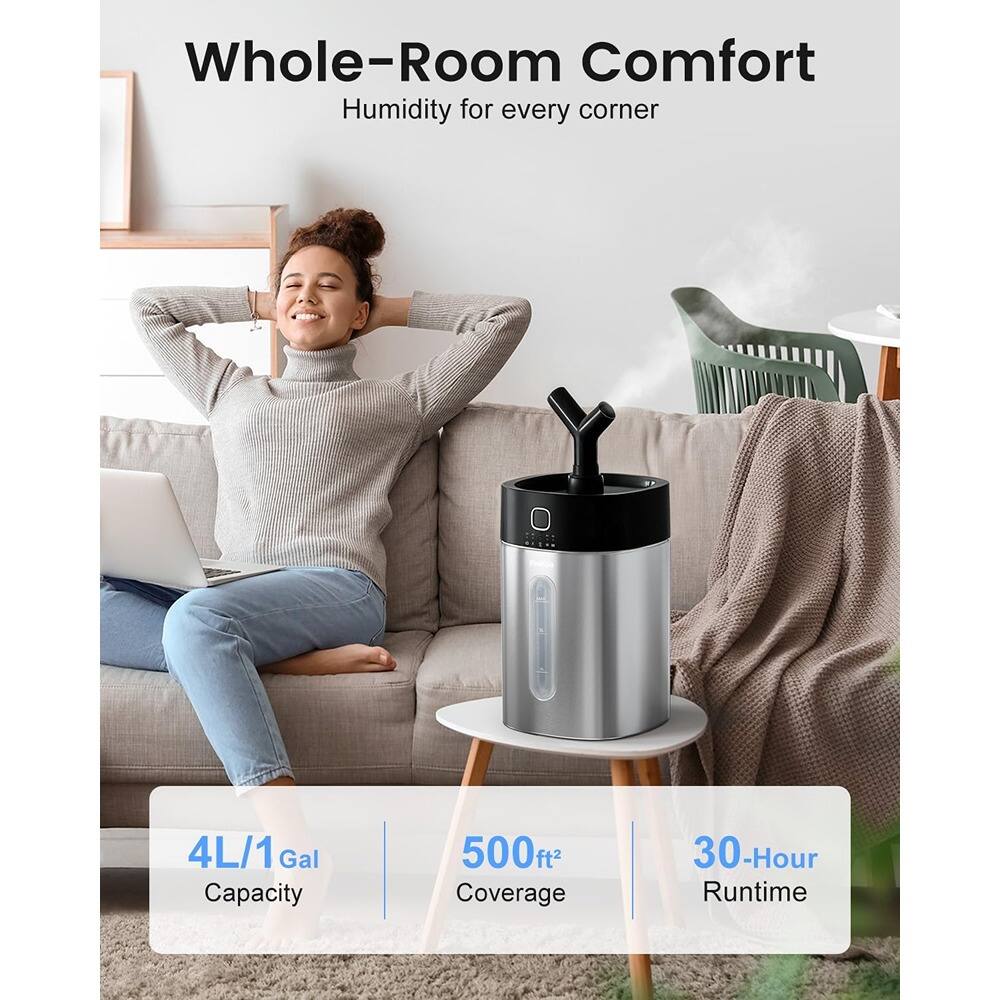 MOSZAR LLC - 4L Stainless Steel Cool Mist Humidifier, Dishwasher-Safe, Easy-Clean, Black