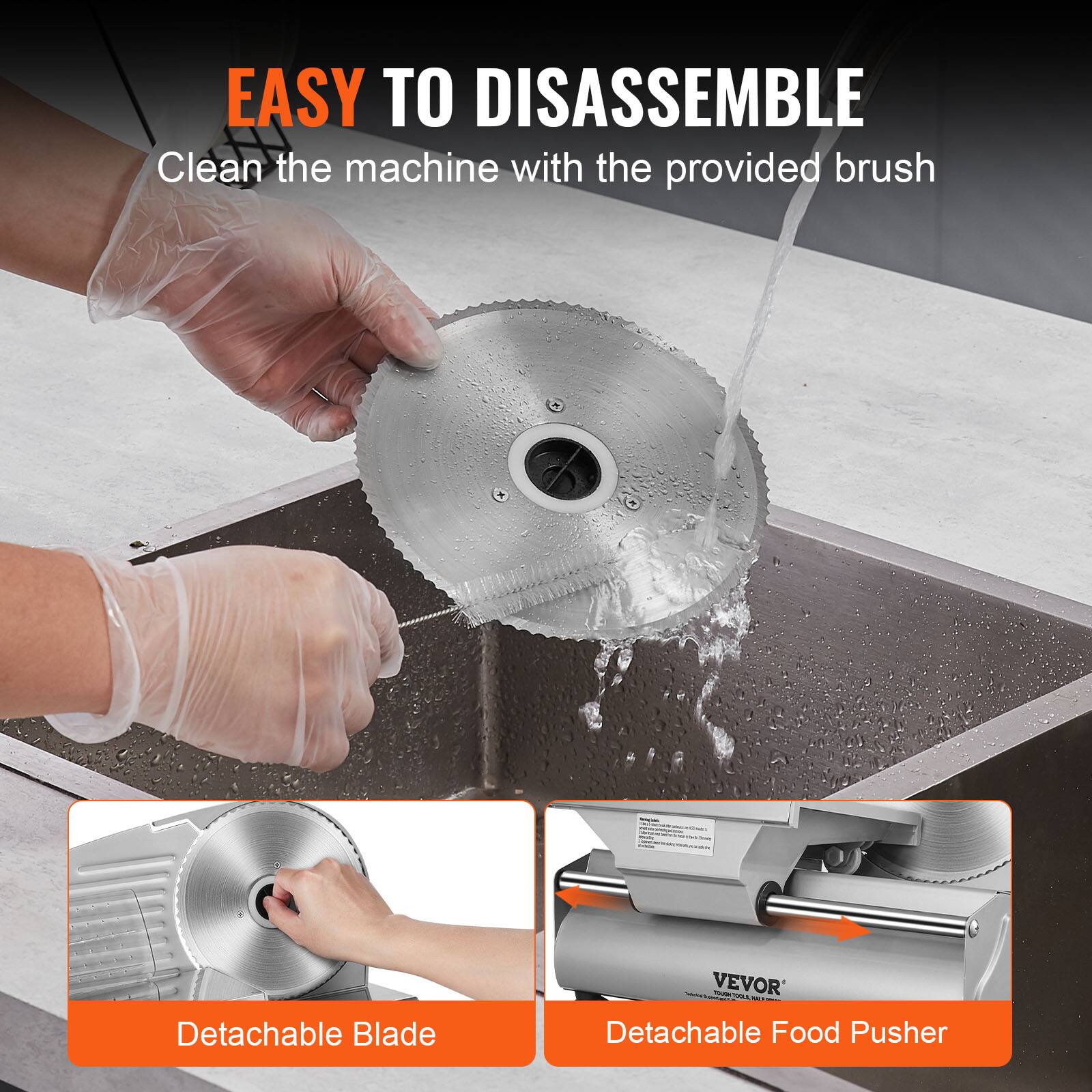 EASY TO DISASSEMBLE  
Clean the machine with the provided brush  

- Detachable Blade  
- Detachable Food Pusher