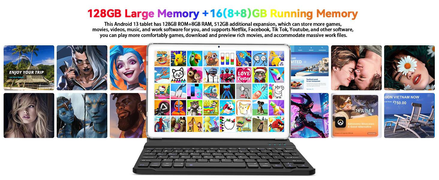 128GB Large Memory + 16(8+8)GB Running Memory

This Android 13 tablet has 128GB ROM+8GB RAM, 512GB additional expansion, which can store more games, movies, videos, music, and work software for you, and supports Netflix, Facebook, Tik Tok, Youtube, and other software, you can play more comfortably games, download and preview rich movies, and accommodate massive work files.

- #I -- ARE VITED ENJOY YOUR TRIP
- NoVET Botue A LOVE Tester Seafone ook -- Un 3 LAR C0 GON VIETNAM NOW
- from $750.00 TRA CER EUELIS Astromomy Binocstors A Greal Allernative