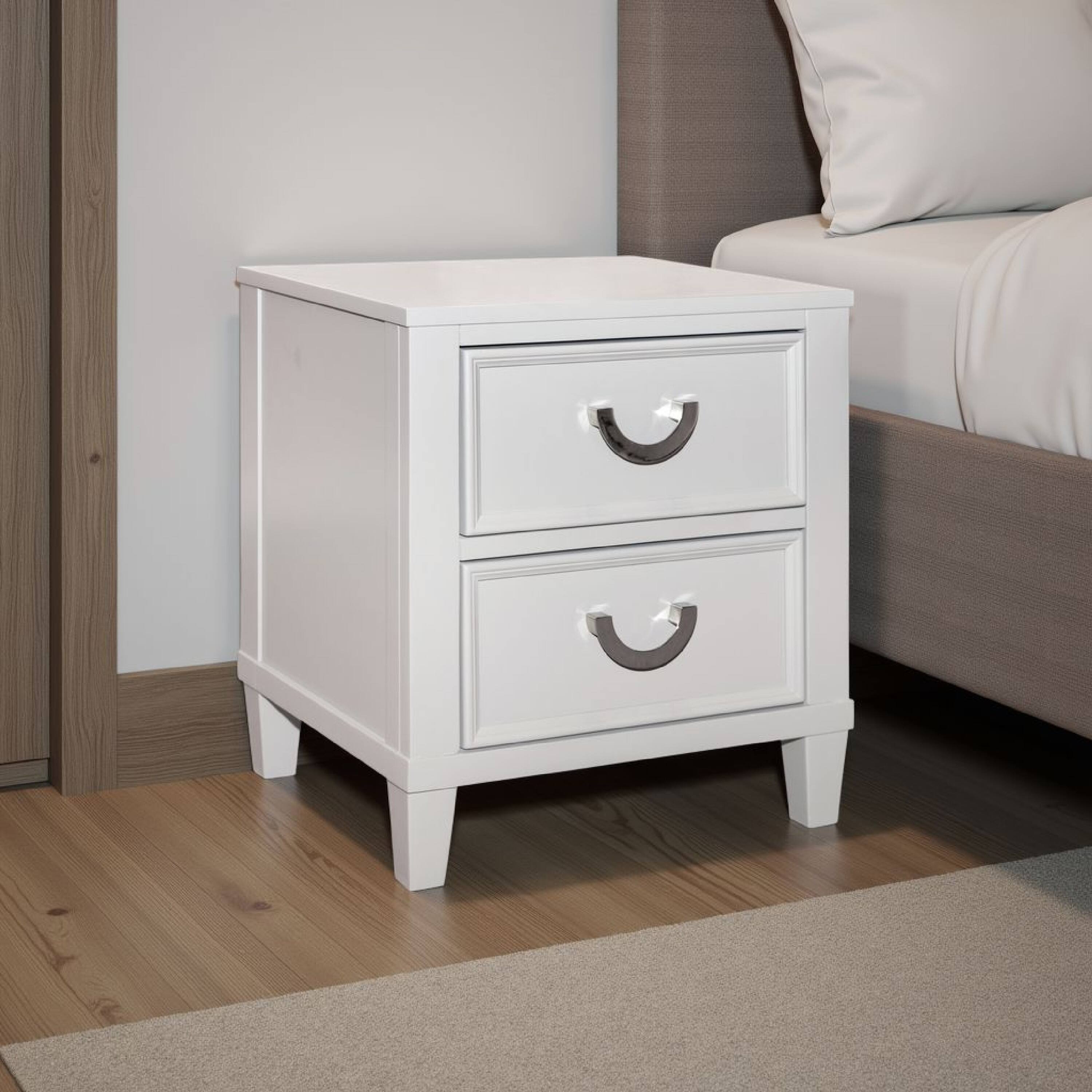 Alt View 5. Manhattan Lane - Kiki Nightstand with 2 Drawers, Chrome Metal, White Wood - White.