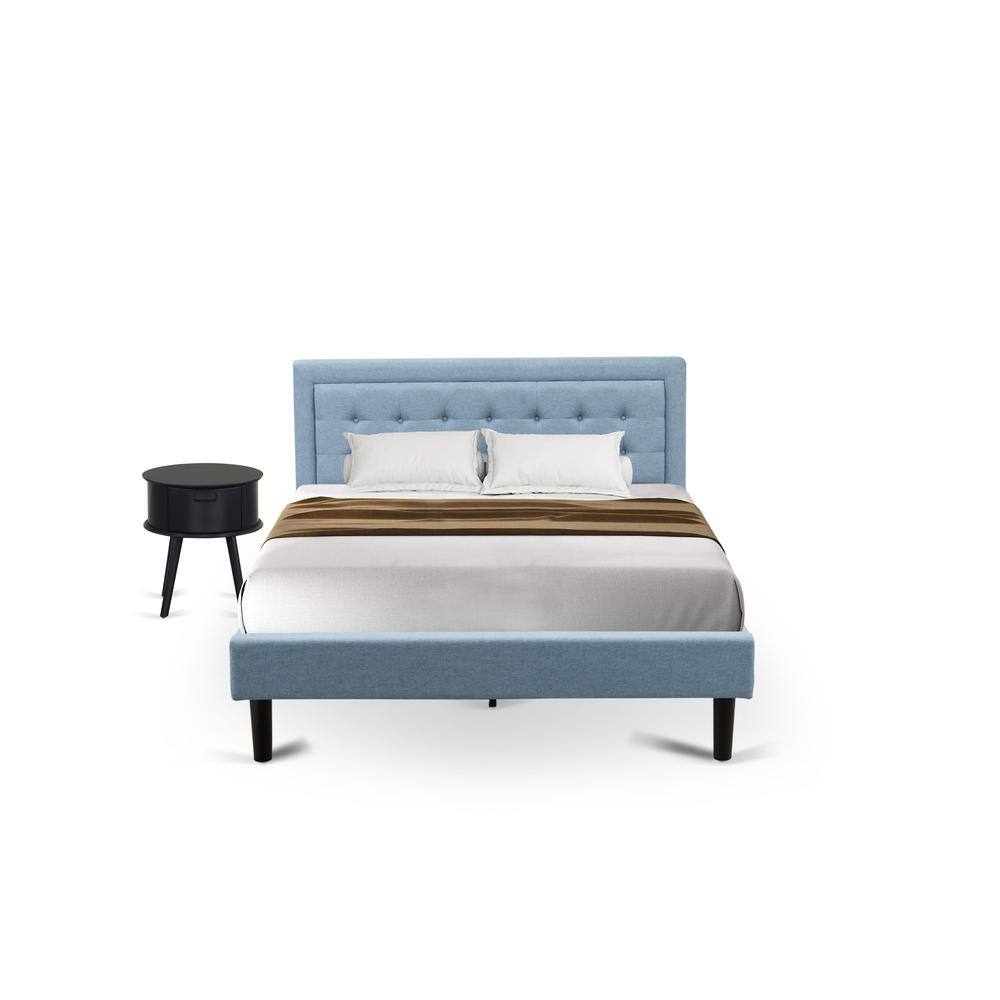 Alt View 1. East West Furniture - FN11Q-1GO15 2-Piece Platform Bedroom Furniture Set with 1 Platform Bed and a Wood Nightstand - Denim Blue Linen Fabric - Denim Blue.