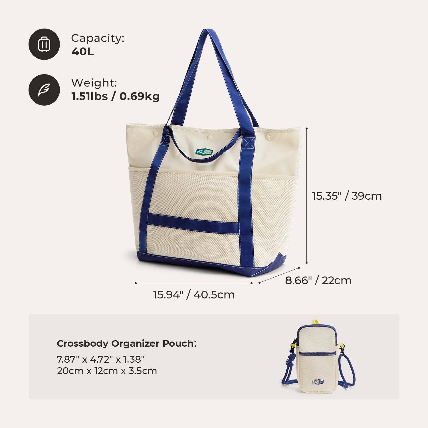 Capacity: 40L  
Weight: 1.51lbs / 0.69kg  
15.35" x 5" / 39cm x 12.5cm  
15.94" / 40.5cm  
8.66" / 22cm  
Crossbody Organizer Pouch: 7.87" x 4.72" x 1.38" / 20cm x 12cm x 3.5cm