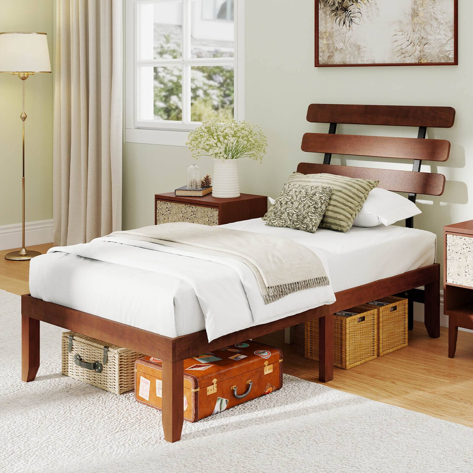 Alt View 1. Costway - Costway 15.5 Inch Twin Size Bed Frame with Retro Headboard &Under-Bed Storage Space - Walnut.