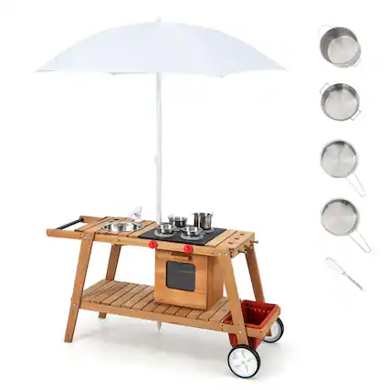 Front. Costway - Costway Kid's Play Trolley Outdoor Wooden Kids Play Cart with Sun Umbrella for Toddlers 3+ - White.
