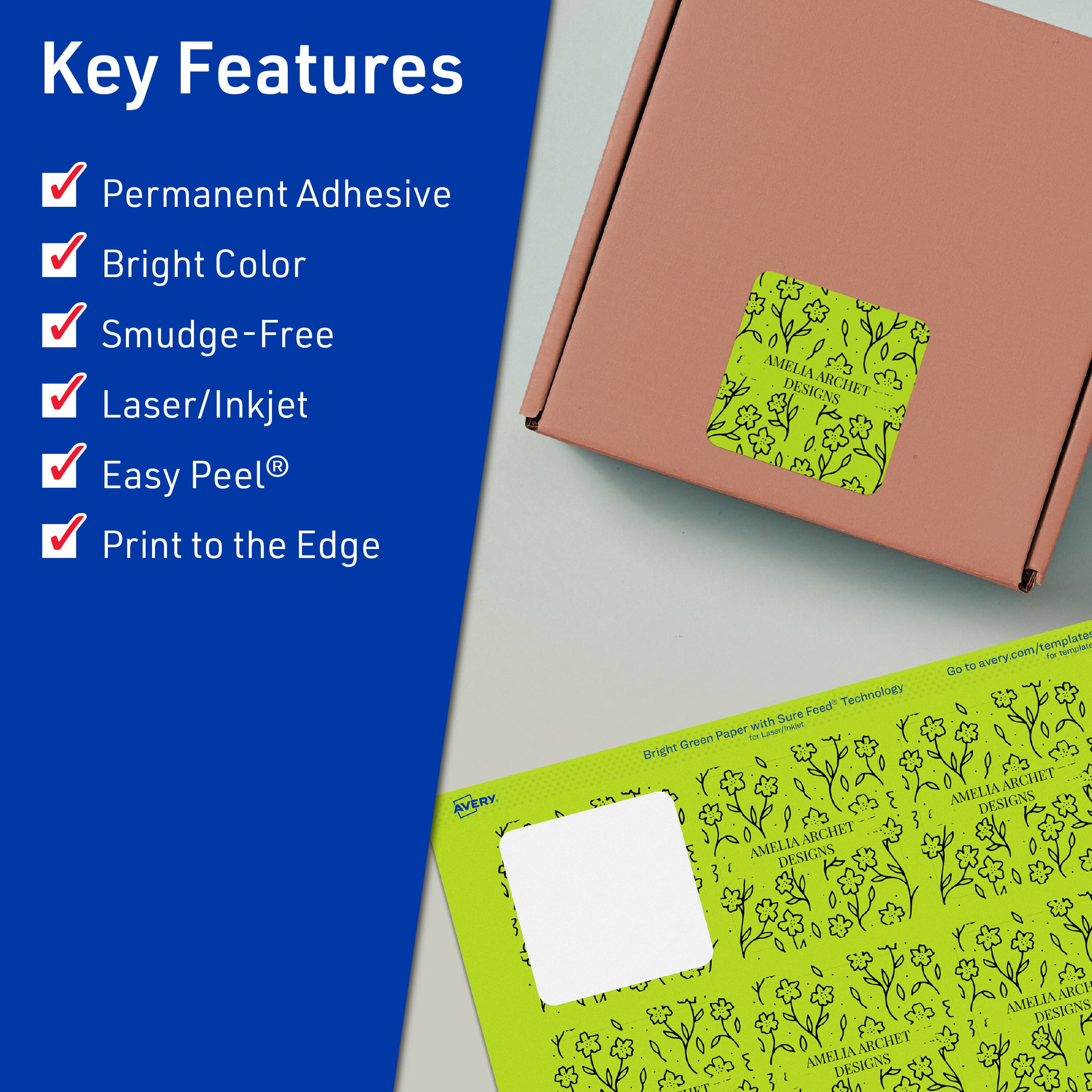 Key Features  
- Permanent Adhesive  
- Bright Color  
- Smudge-Free  
- Laser/Inkjet  
- Easy Peel®  
- Print to the Edge  

Amelia Archet Designs  
Avery.com/template for templates  

Bright Green Paper with Sure Feed® Technology  

Go to avery.com/templates for templates