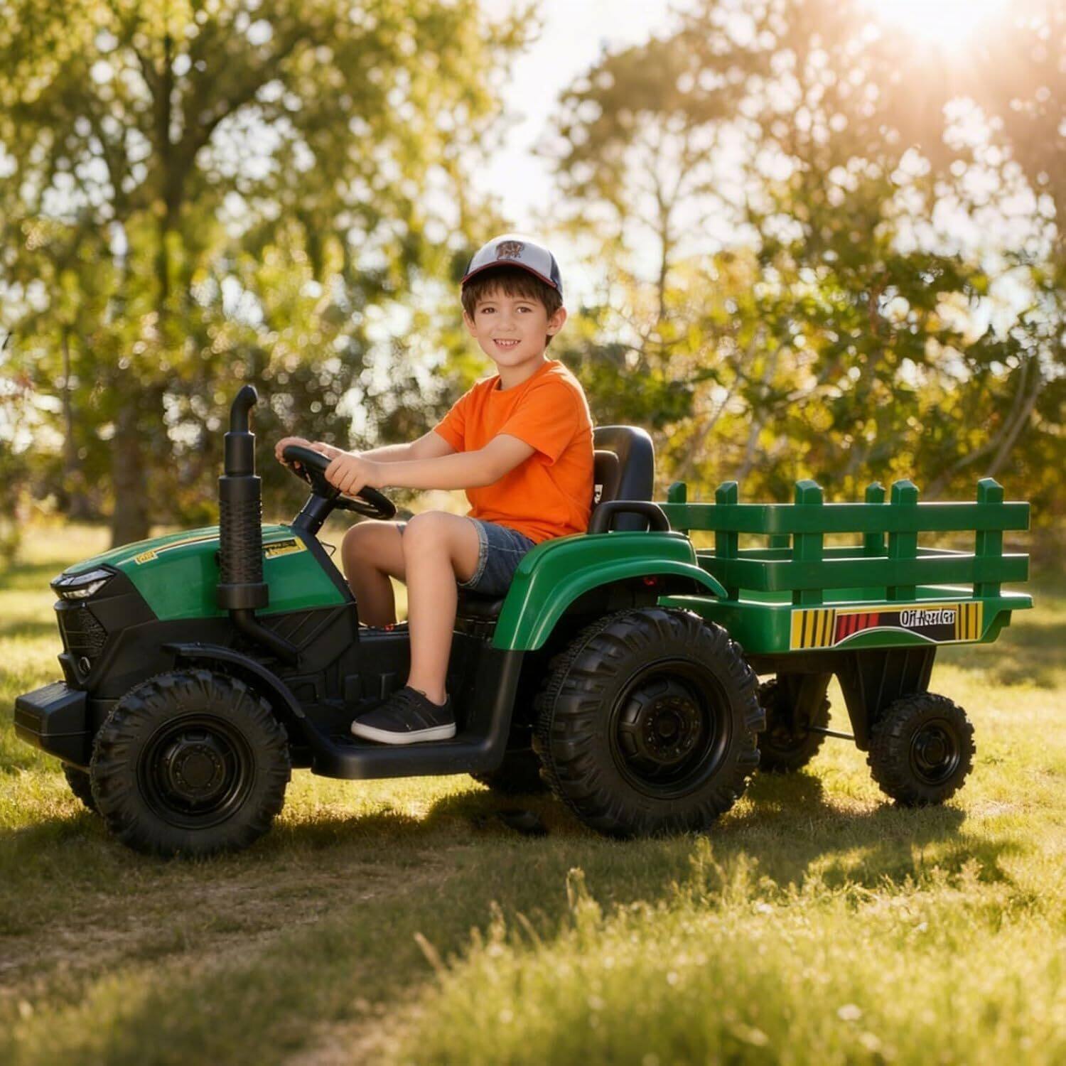 Left. GARVEE - Dual 40w Motors 12v Ride-on Tractor Toy with Trailer for Outdoor Play, Green - Green.