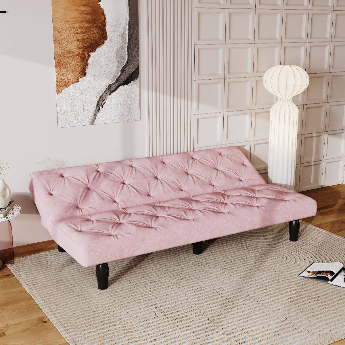 Back. Ropilly - Ropilly 66 Inch Pink Velvet Sofa Bed Convertible Futon Sofa Bed with Adjustable Backrest - Pink.
