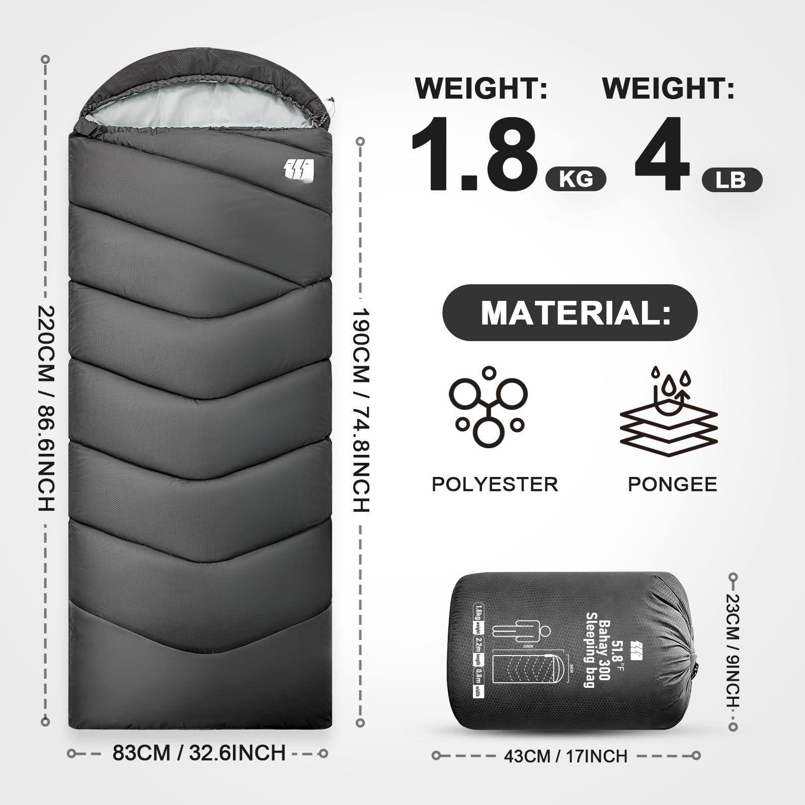 **WEIGHT:**  
1.8 KG / 4 LB  

**DIMENSIONS:**  
- 220CM / 86.6INCH  
- 190CM / 74.8INCH  
- 83CM / 32.6INCH  

**MATERIAL:**  
POLYESTER PONGEE  

**SLEEPING BAG:**  
- 23CM / 9INCH  
- 43CM / 17INCH  

**Additional Text:**  
- Sleeping bag  
- Bahay 300  
- 51.8 f  
- HON16