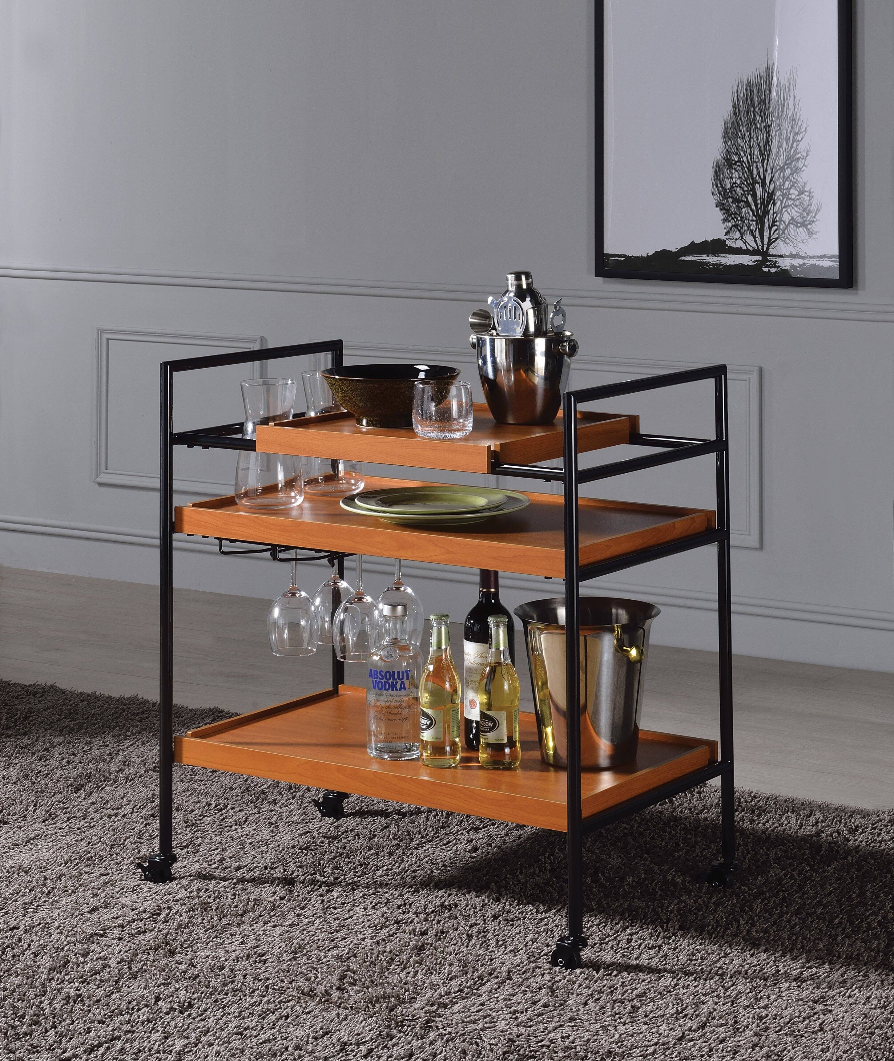 APRILSOUL - Oak and Black Serving Cart with Stemware Rack - Honey