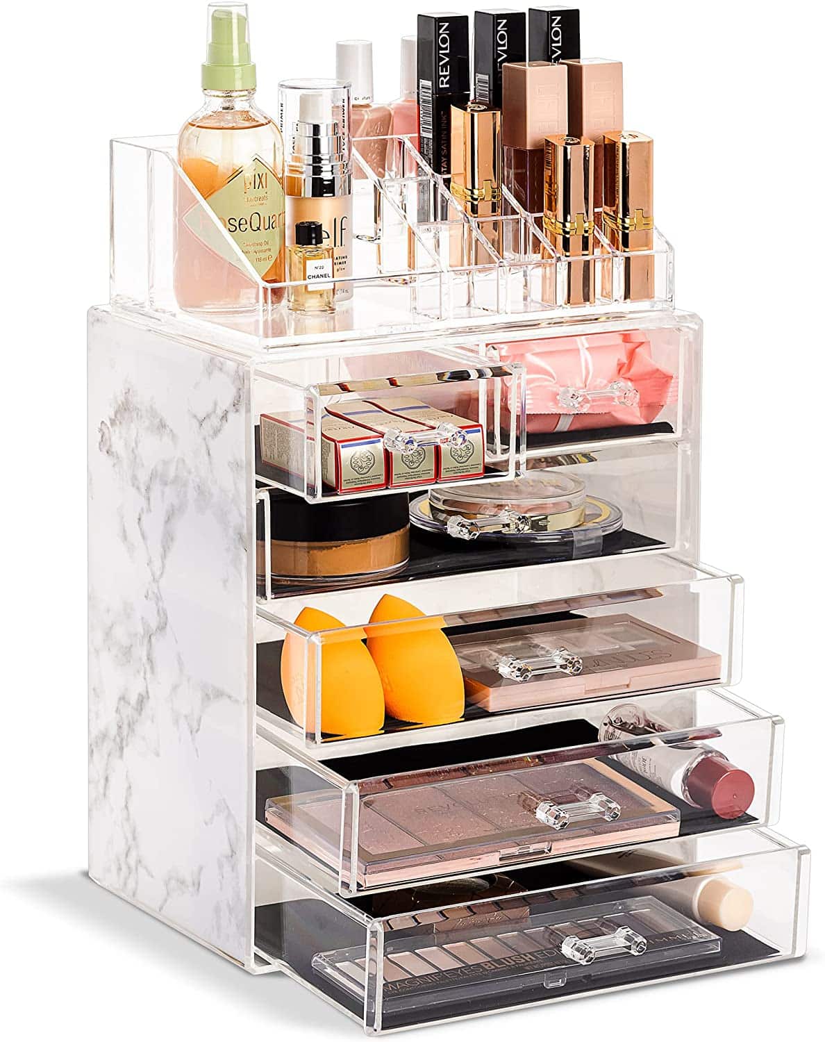 Sorbus - 2 Piece Acrylic Makeup and Jewelry Storage Organizer Case (6 Drawers and Lipstick Tray) - Marble