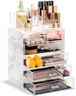 Sorbus - 2 Piece Acrylic Makeup and Jewelry Storage Organizer Case (6 Drawers and Lipstick Tray) - Marble