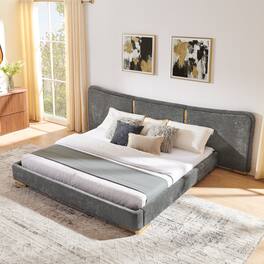 Whisen - Upholstered Platform Bed,Soft Chenille Fabric Frame with Curved Headboard & Metal Legs - Dark Gray