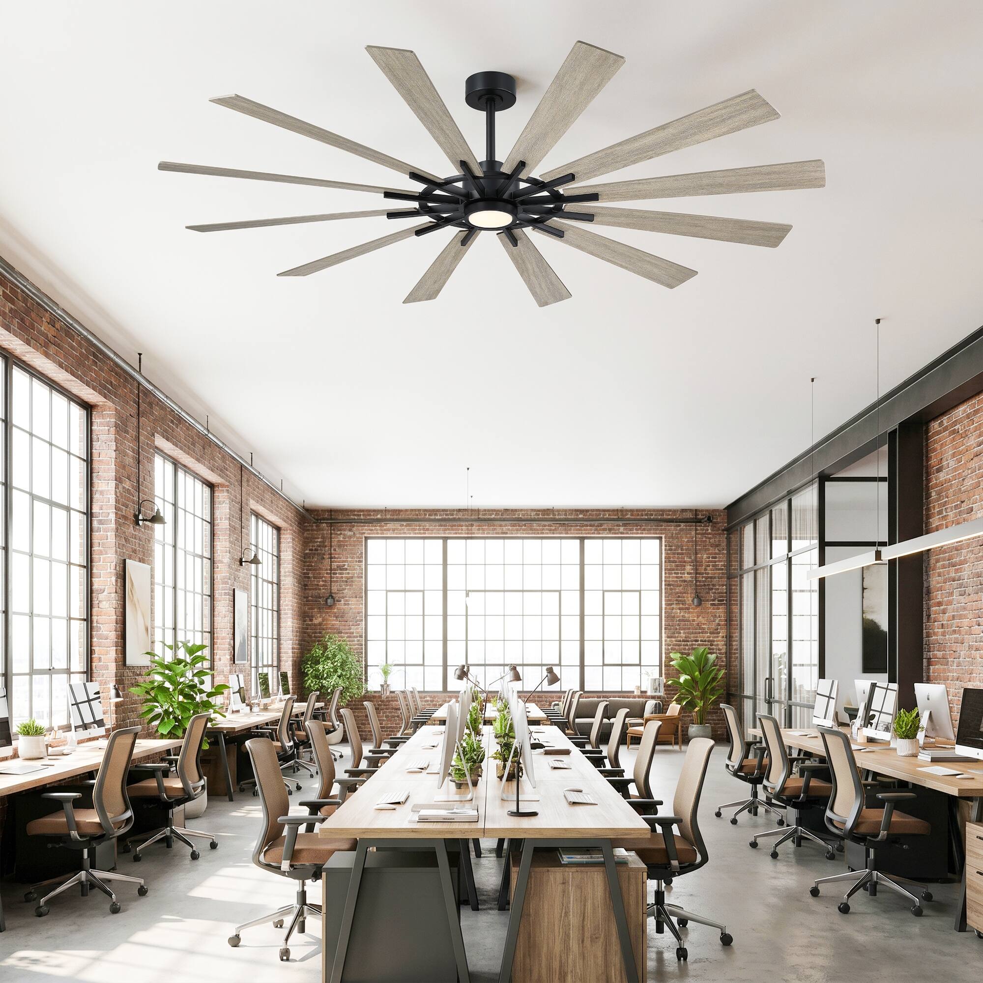 Back. Parrot Uncle - 72" Large Farmhouse 12-Blade Windmill Ceiling Fan with Dimmable LED Light and 6-Speed Remote - Black.