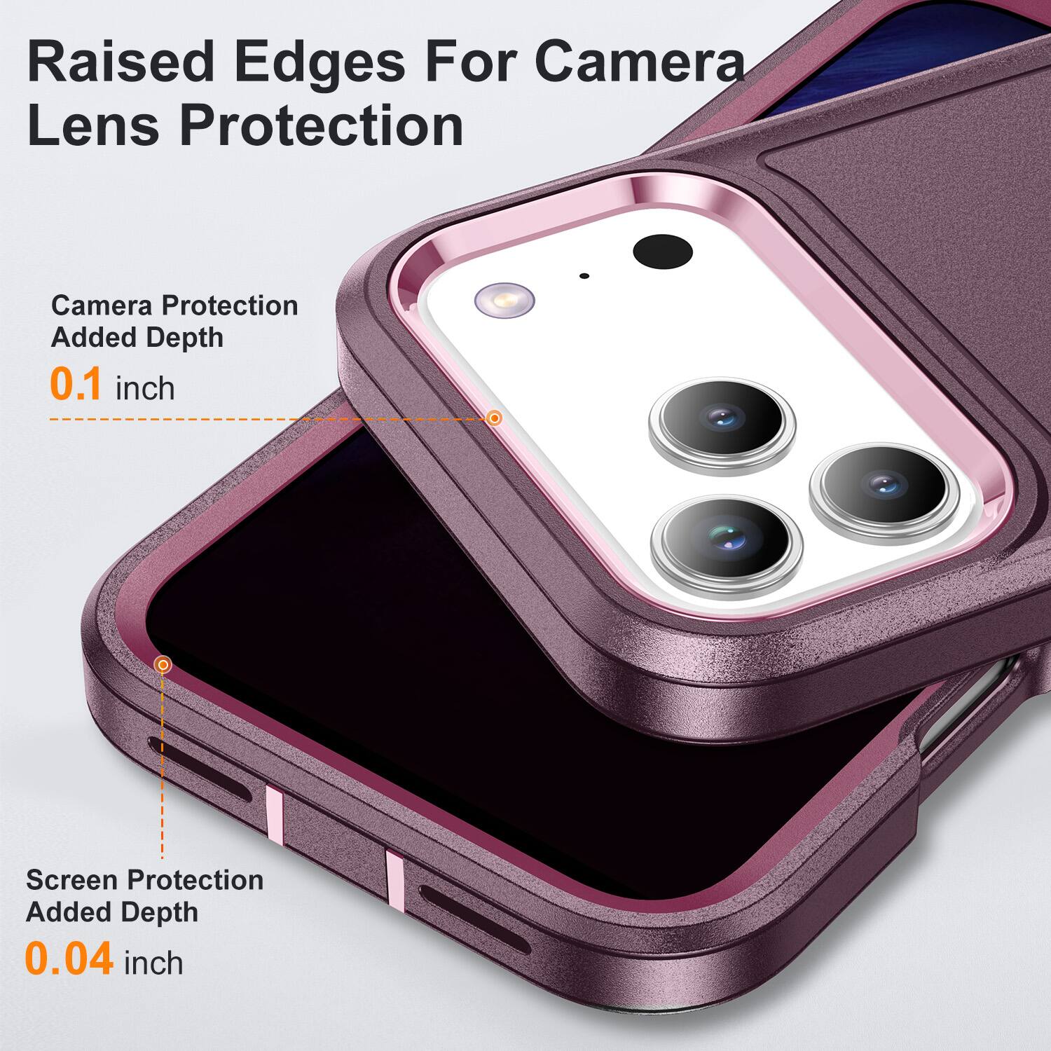 Raised Edges For Camera Lens Protection

Camera Protection Added Depth 0.1 inch

Screen Protection Added Depth 0.04 inch