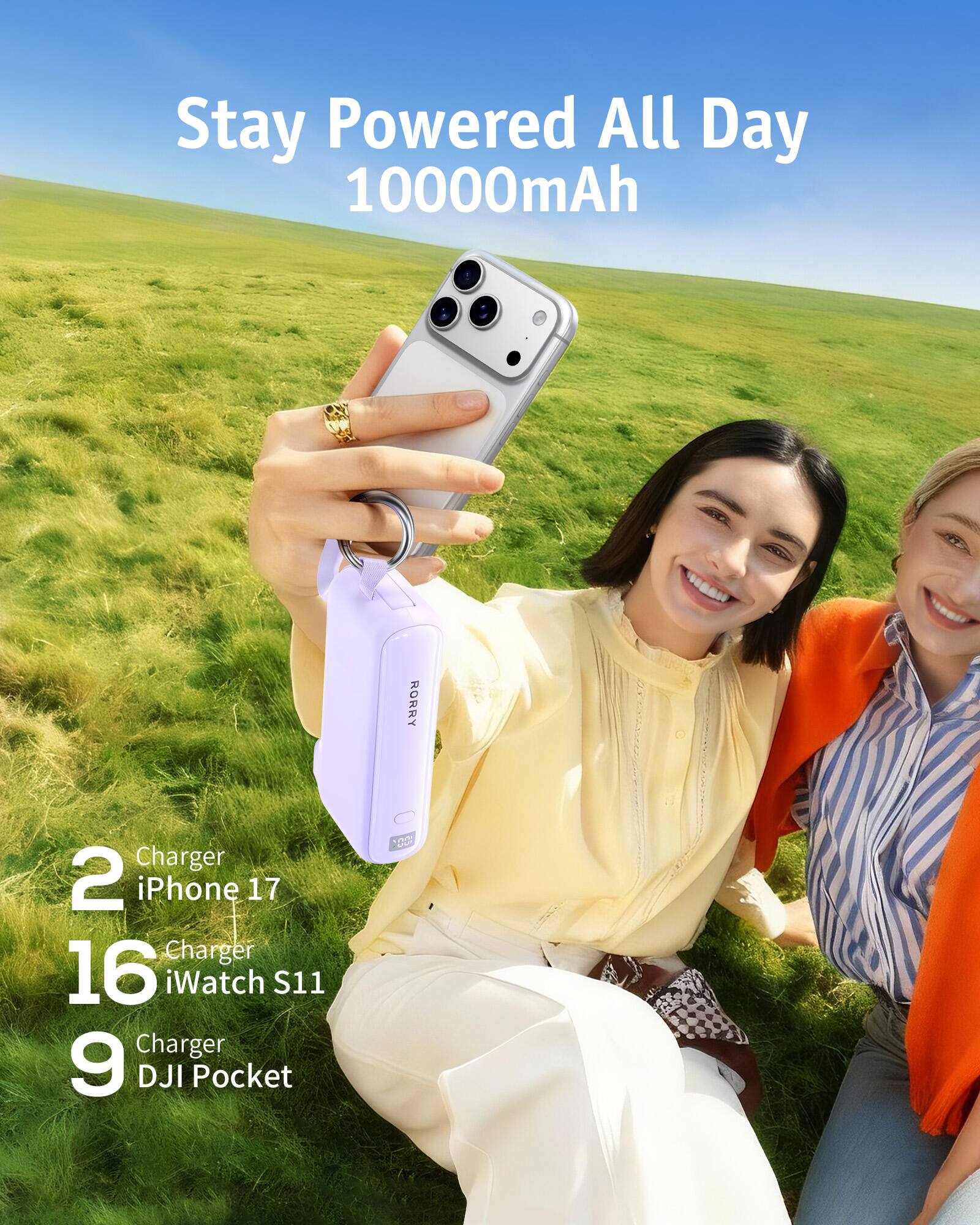 Stay Powered All Day 10000mAh

RORRY

Charger 2 iPhone 17 Charger 16 iWatch S11 Charger 9 DJI Pocket
