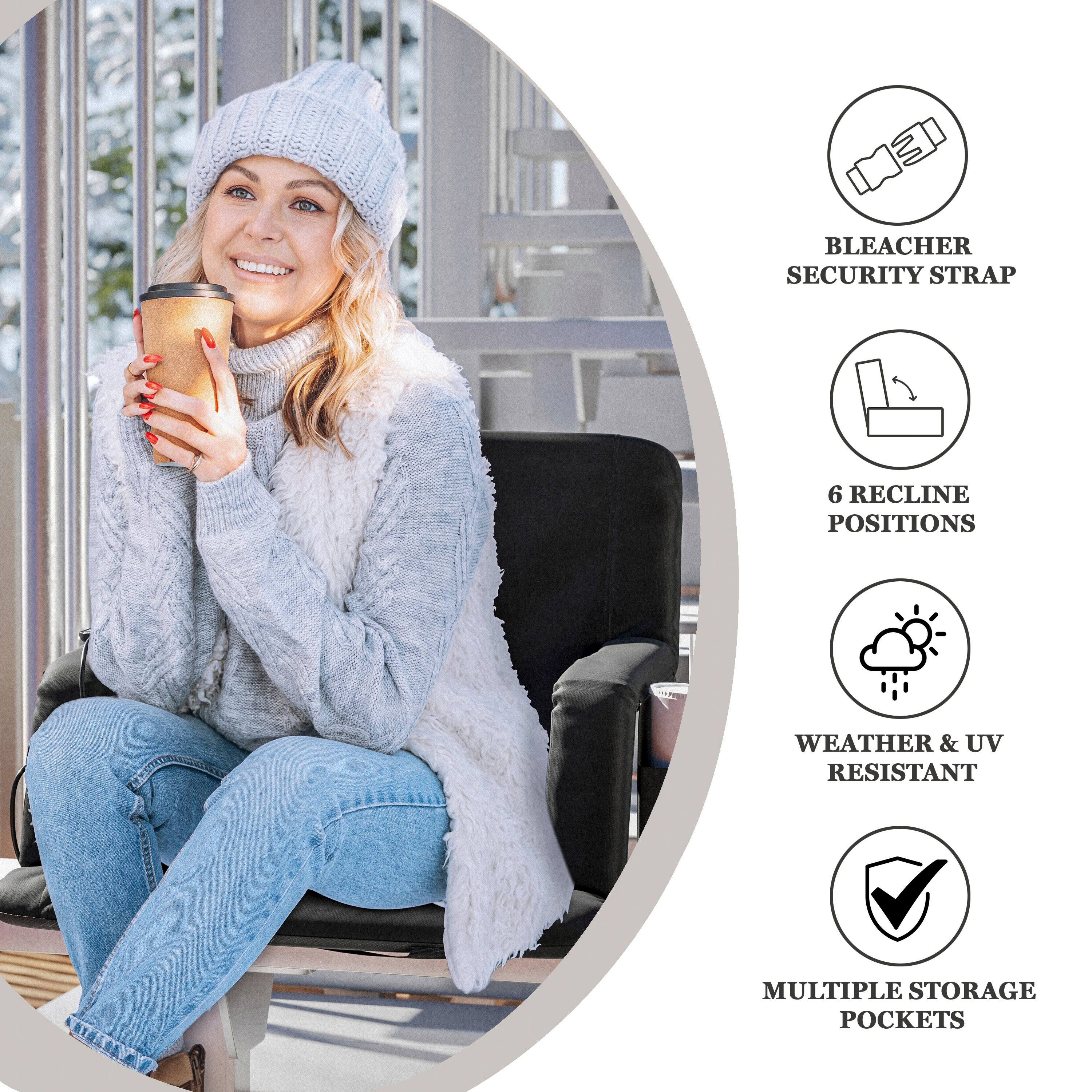 - Bleacher Security Strap
- 6 Recline Positions
- Weather & UV Resistant
- Multiple Storage Pockets