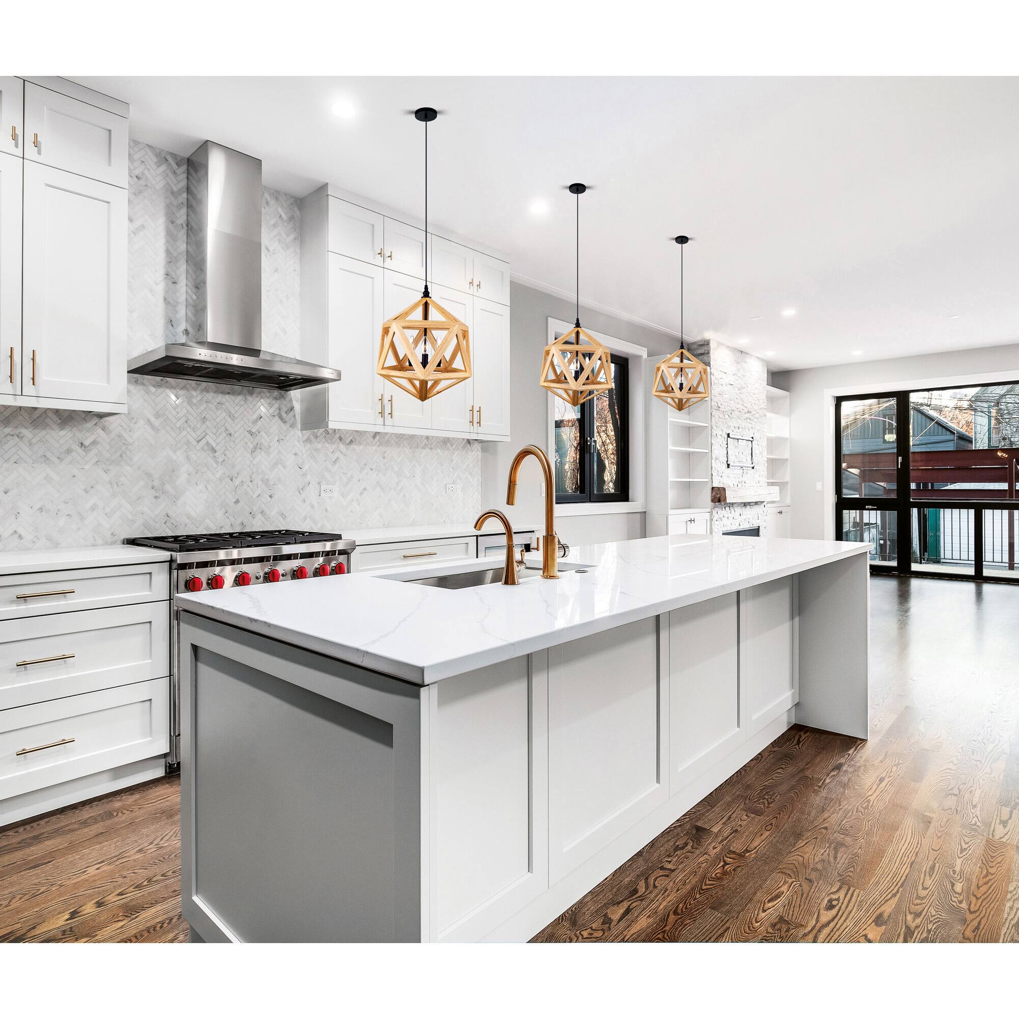 Alt View 2. CWI Lighting - Lante 3 Light Pendant With Black & Wood Finish - Black.