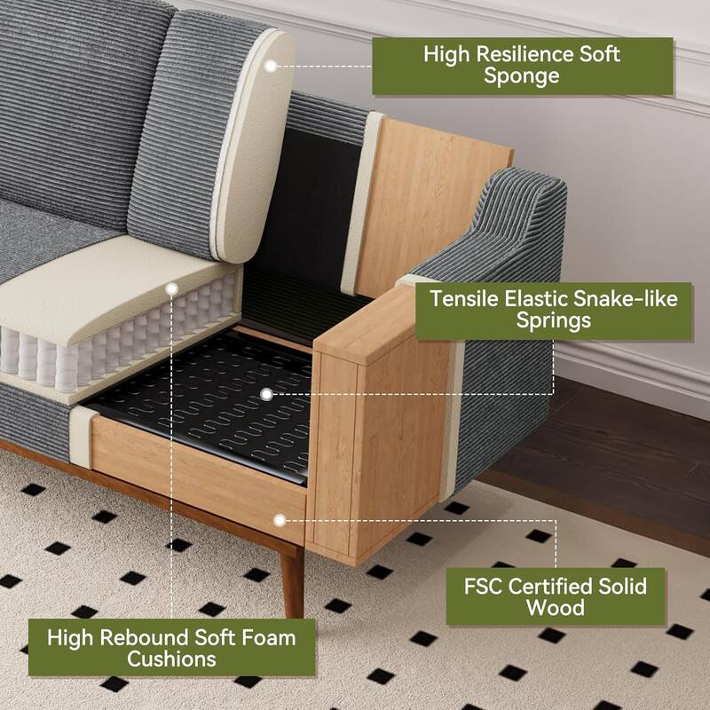 High Resilience Soft Sponge  
Tensile Elastic Snake-like Springs  
High Rebound Soft Foam Cushions  
FSC Certified Solid Wood