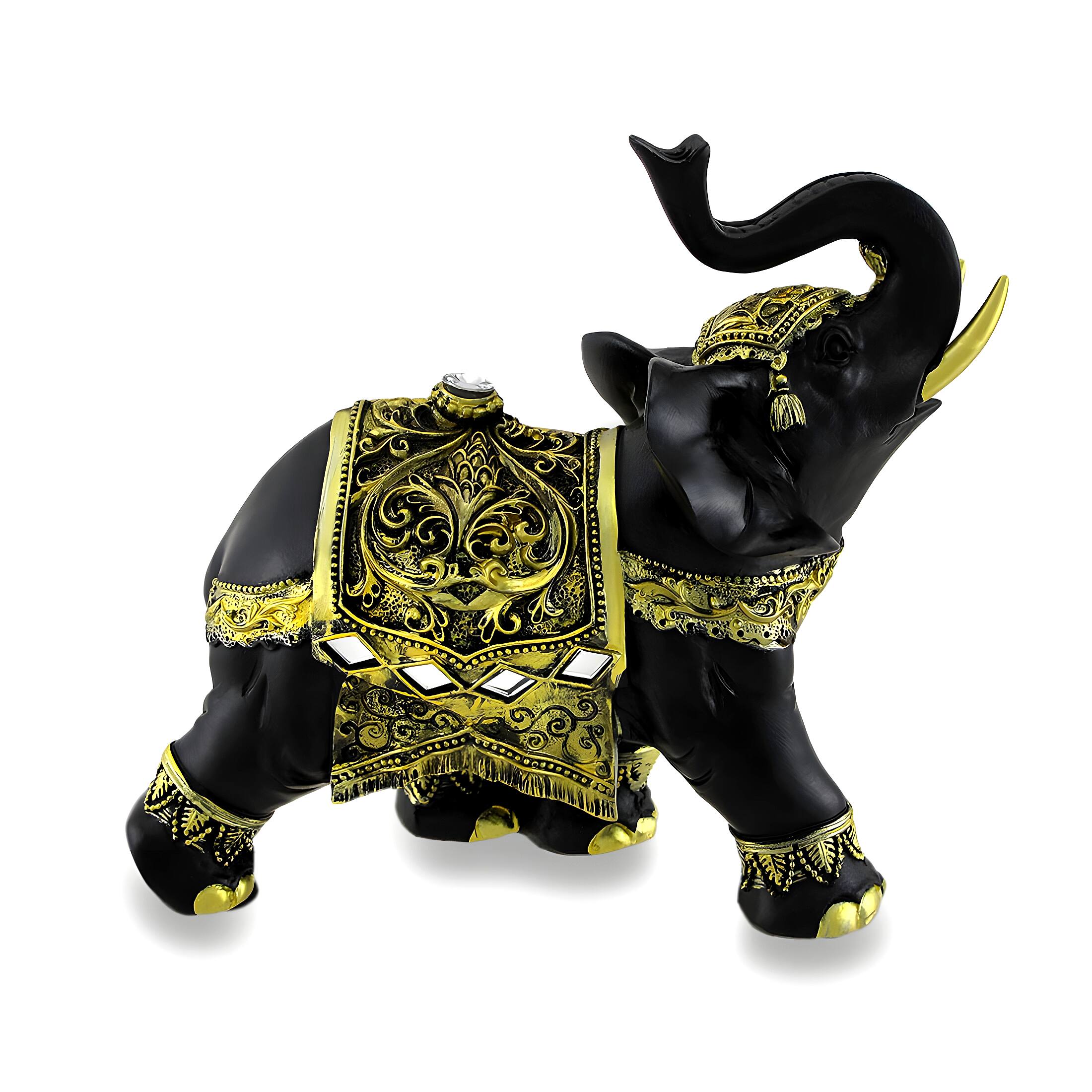 Alt View 2. Zeckos - Exotic Black and Gold Finish Trunk Up Thai Elephant Statue - Gold.