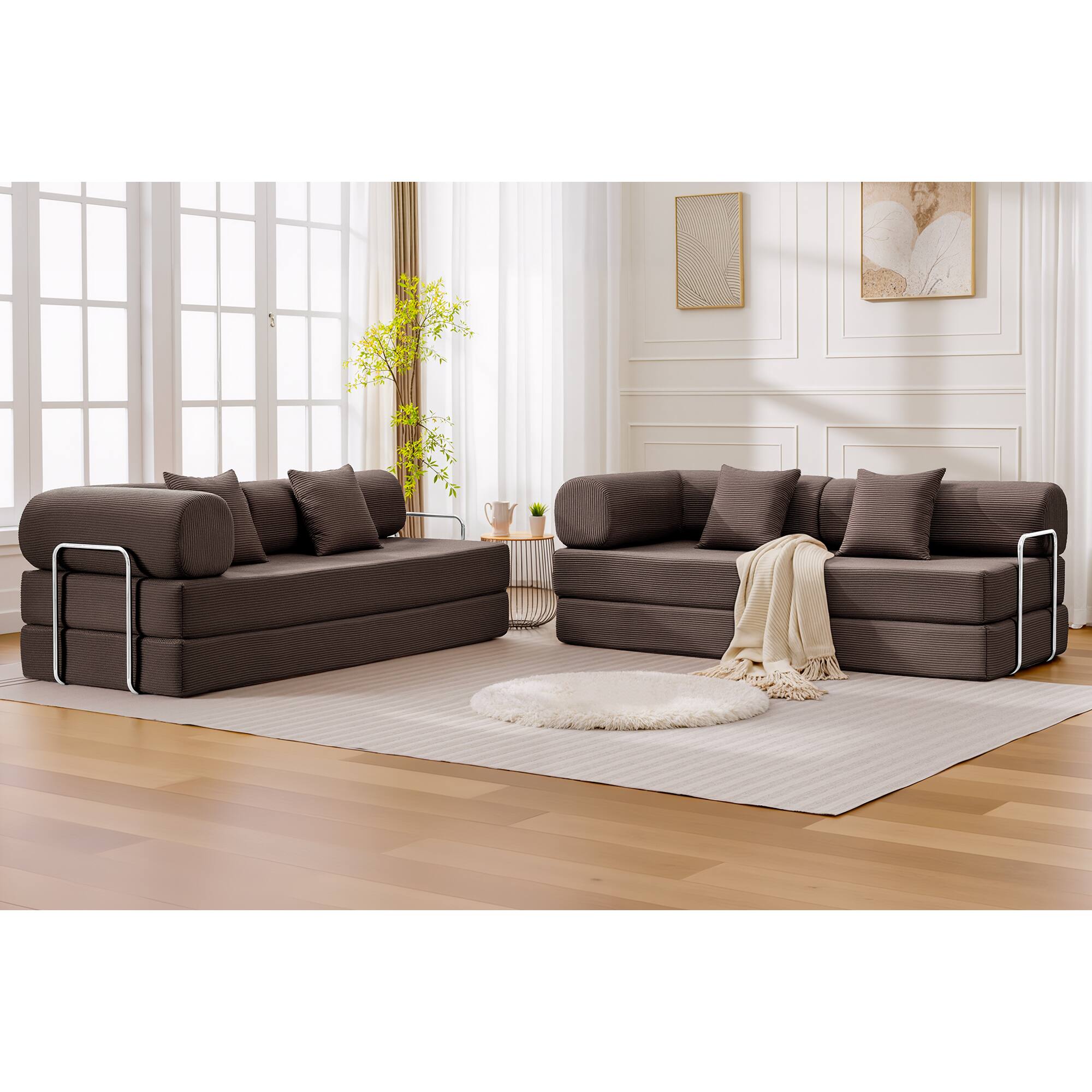 Angle. KERDOM - L-Shaped Corduroy Couch Chaise Lounge, 78'' Foldable Sofa Bed 2pcs Combined, Spliced Block Modular Sectional Sponge Sofa - Coffee.