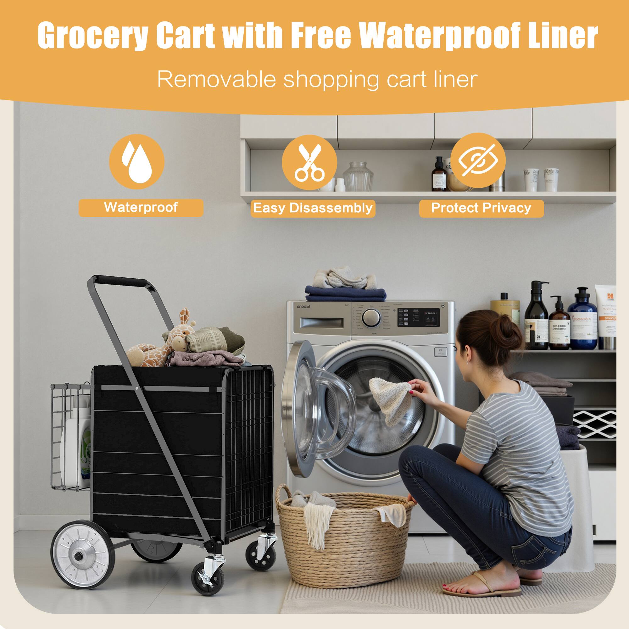 Grocery Cart with Free Waterproof Liner  
Removable shopping cart liner  

- Waterproof  
- Easy Disassembly  
- Protect Privacy