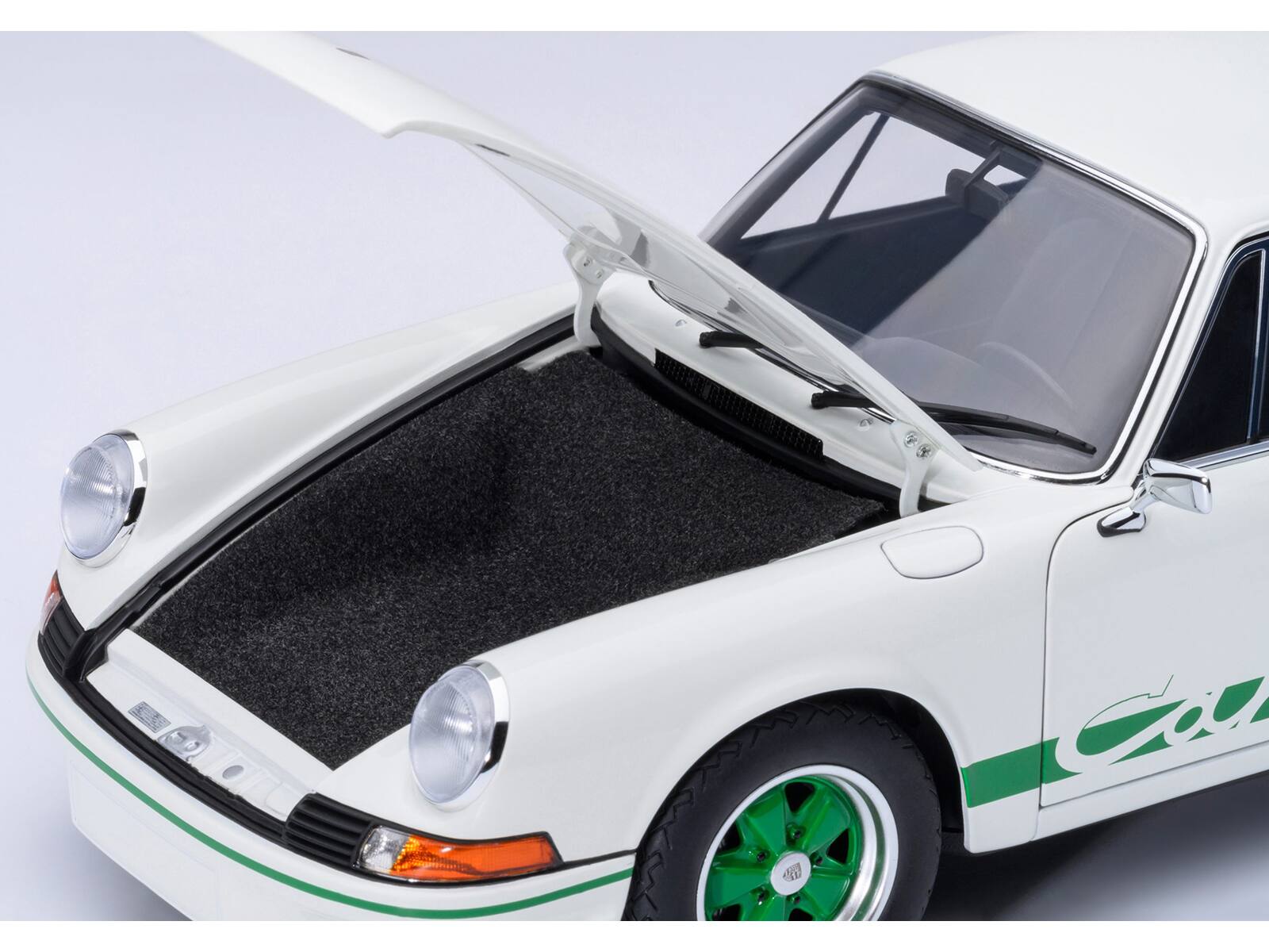Alt View 2. Autoart - Porsche 911 Carrera 2.7 RS Grand Prix White with Green Stripes and Wheels 1/18 Model Car by Autoart.