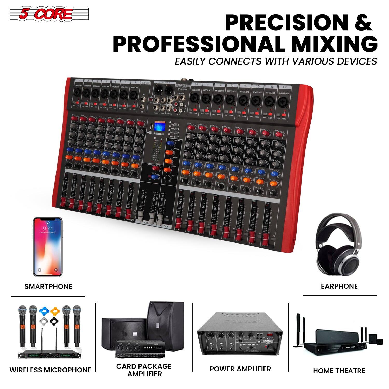 5 CORE

PRECISION & PROFESSIONAL MIXING

EASILY CONNECTS WITH VARIOUS DEVICES

SMARTPHONE

WIRELESS MICROPHONE

CARD PACKAGE AMPLIFIER

POWER AMPLIFIER

HOME THEATRE

EARPHONE