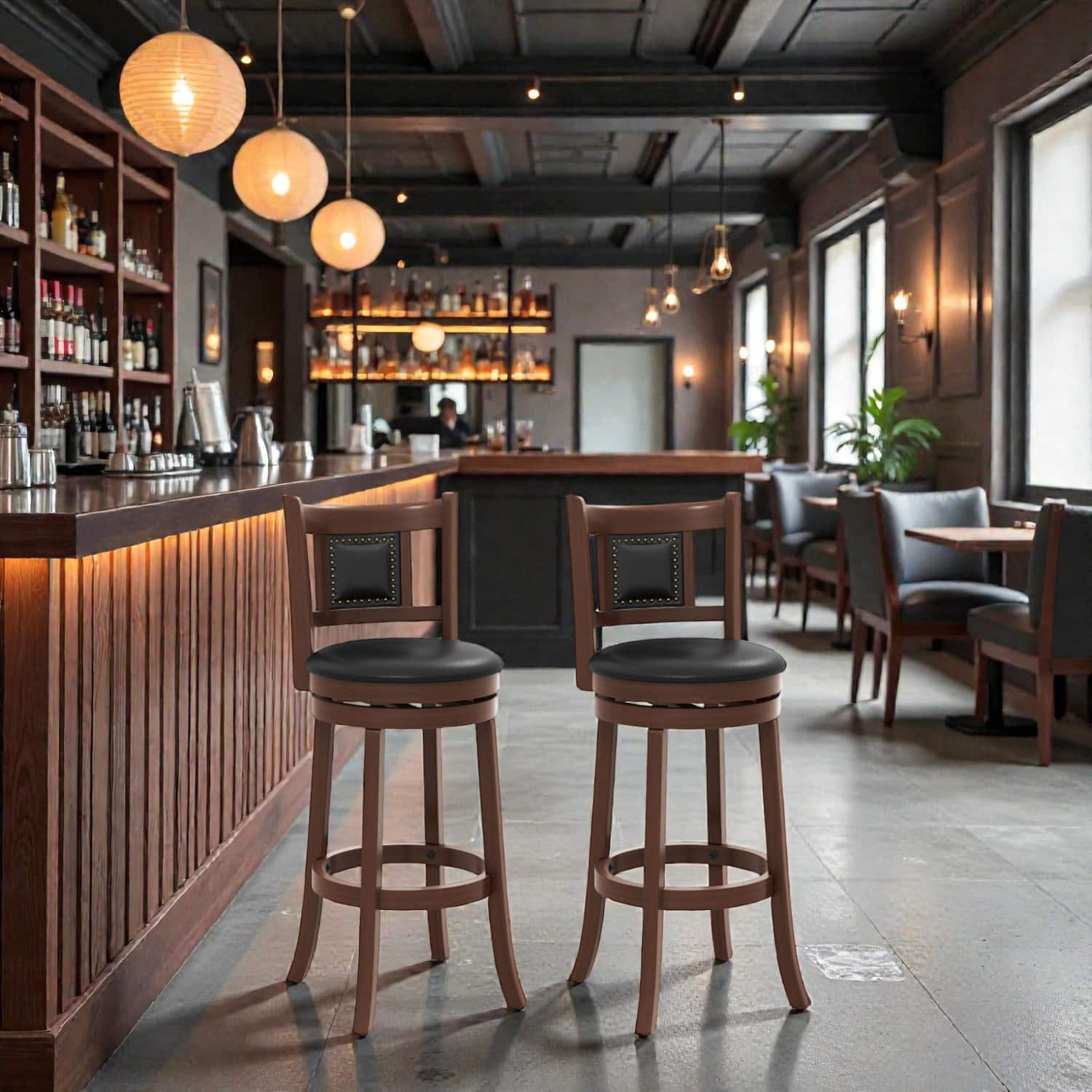 Hivvago - Set of 2 Upholstered 30.5" Bar Chairs with Curved Back and Built-In Footrest - Rustic Brown