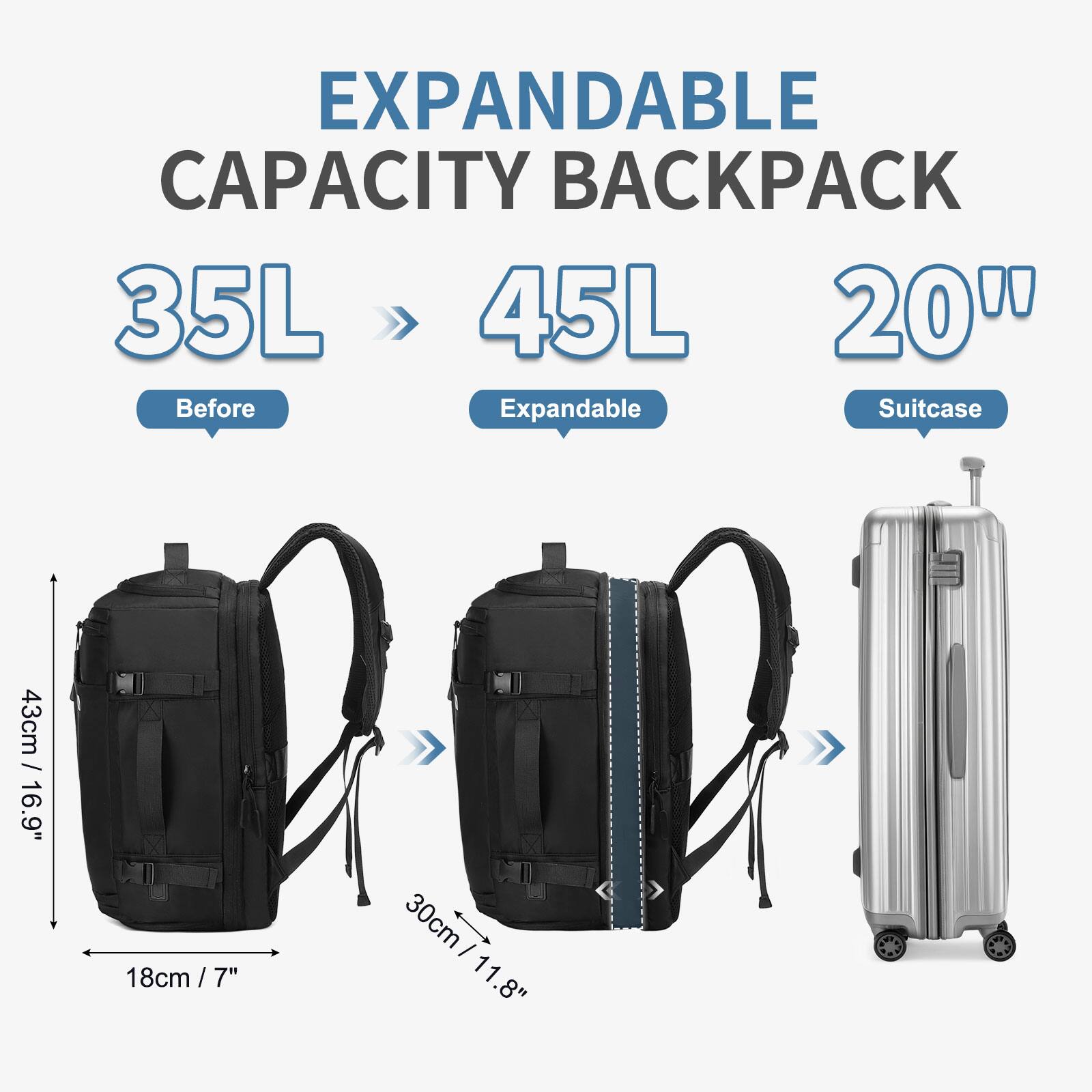 EXPANDABLE CAPACITY BACKPACK  
35L > 45L  
20"  

Before  
Expandable  
Suitcase  

43cm / 16.9"  
18cm / 7"  
30cm / 11.8"