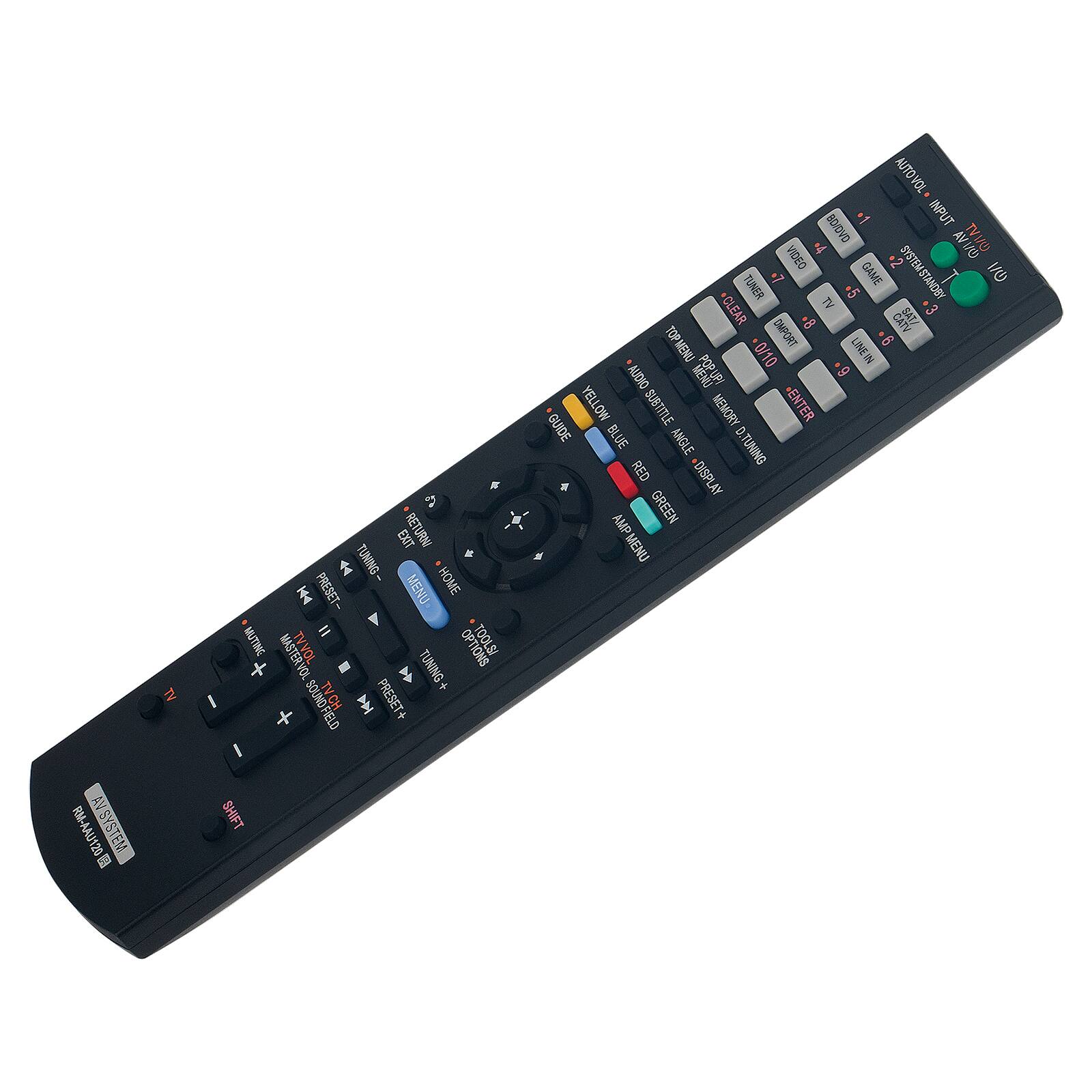 RM-AAU129 AVSYSTEM - TV EXIT RETURN  
TUNING- HOME PRESET- MENU I MUTIRIC MASTER TVVOL OPTIONS VOL TUNING+ + I SOUND FIELD SOUND TVCH CH N PRESET + FIELD + I SHIFT AUTOVOL BO/DVD *1 INPUT VIDEO +2 TI TUNER +7 GAME AOOSPERLSAS a CLEAR TV +3 8+ CATV SAT/ TOP MENU TOP OMPORT 6 0/10 LINEIN AUDIO P 6 YELLOW SUBTITLE MEMORY -ENTER GUIDE BLUE ANGLE D.TUNING RED DISPLAY AMP GREEN MENU