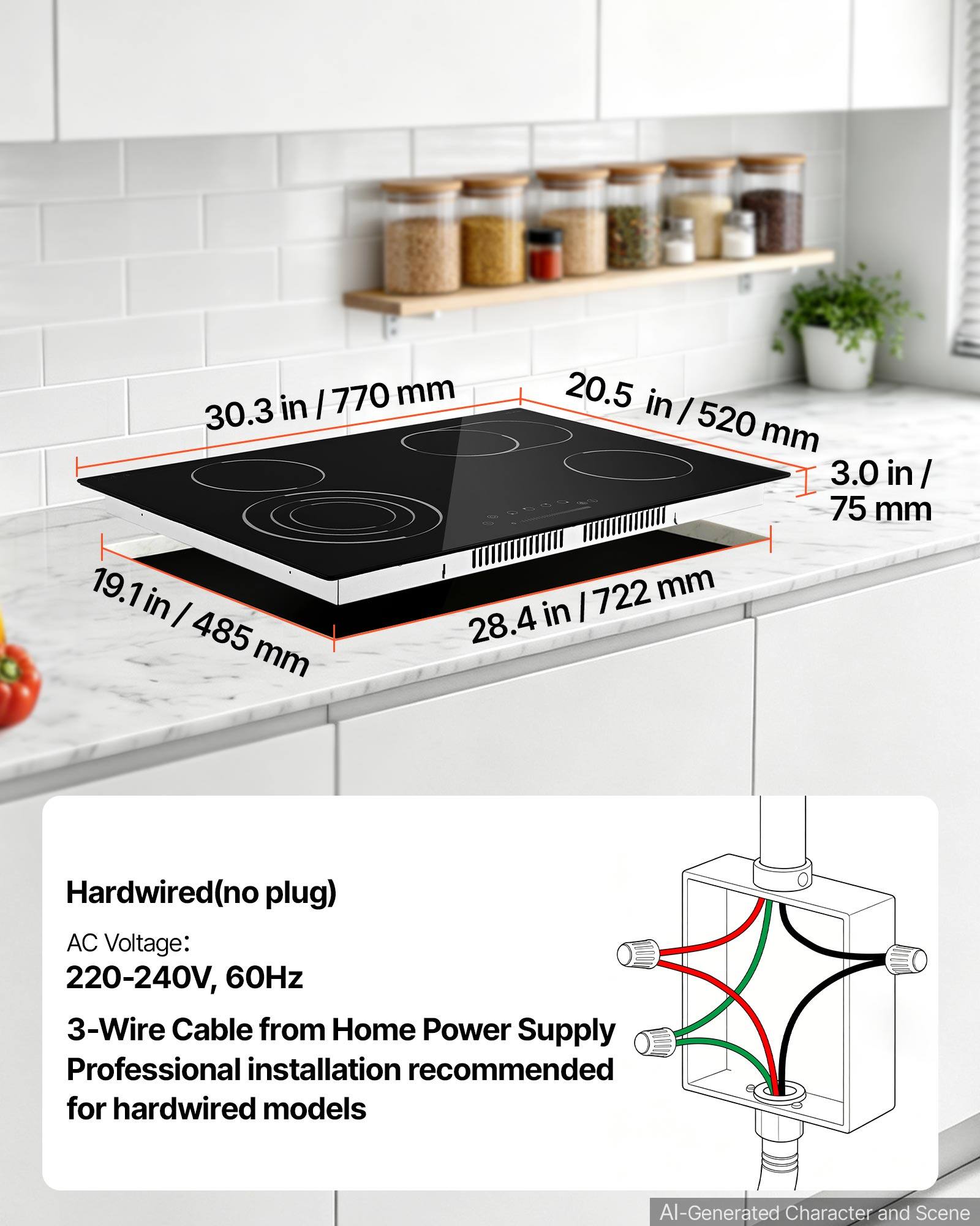 30.3 in / 770 mm  
20.5 in / 520 mm  
19.1 in / 485 mm  
28.4 in / 722 mm  
3.0 in / 75 mm  

Hardwired (no plug)  
AC Voltage: 220-240V, 60Hz  
3-Wire Cable from Home Power Supply  
Professional installation recommended for hardwired models