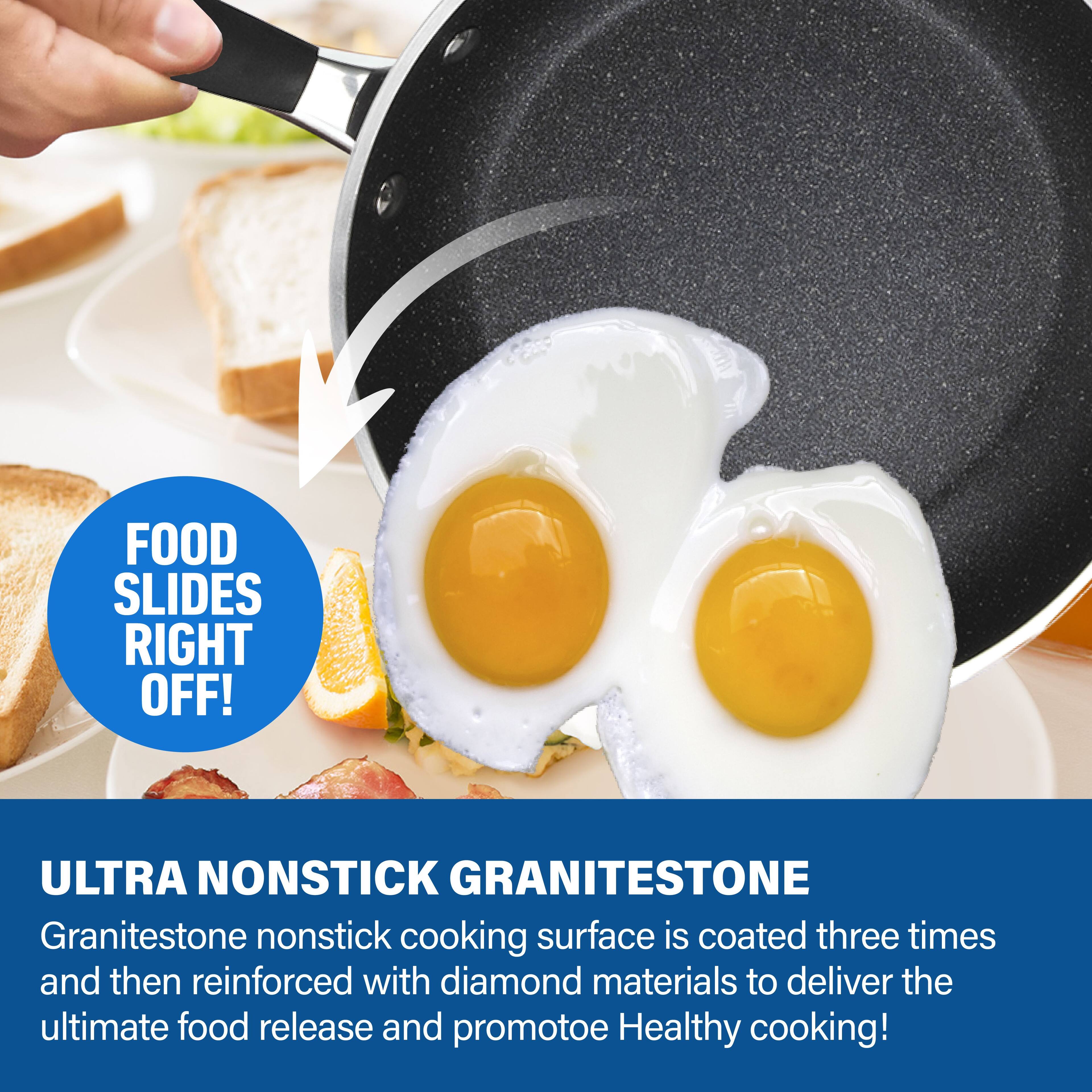 FOOD SLIDES RIGHT OFF! ULTRA NONSTICK GRANITESTONE Granitestone nonstick cooking surface is coated three times and then reinforced with diamond materials to deliver the ultimate food release and promote healthy cooking!