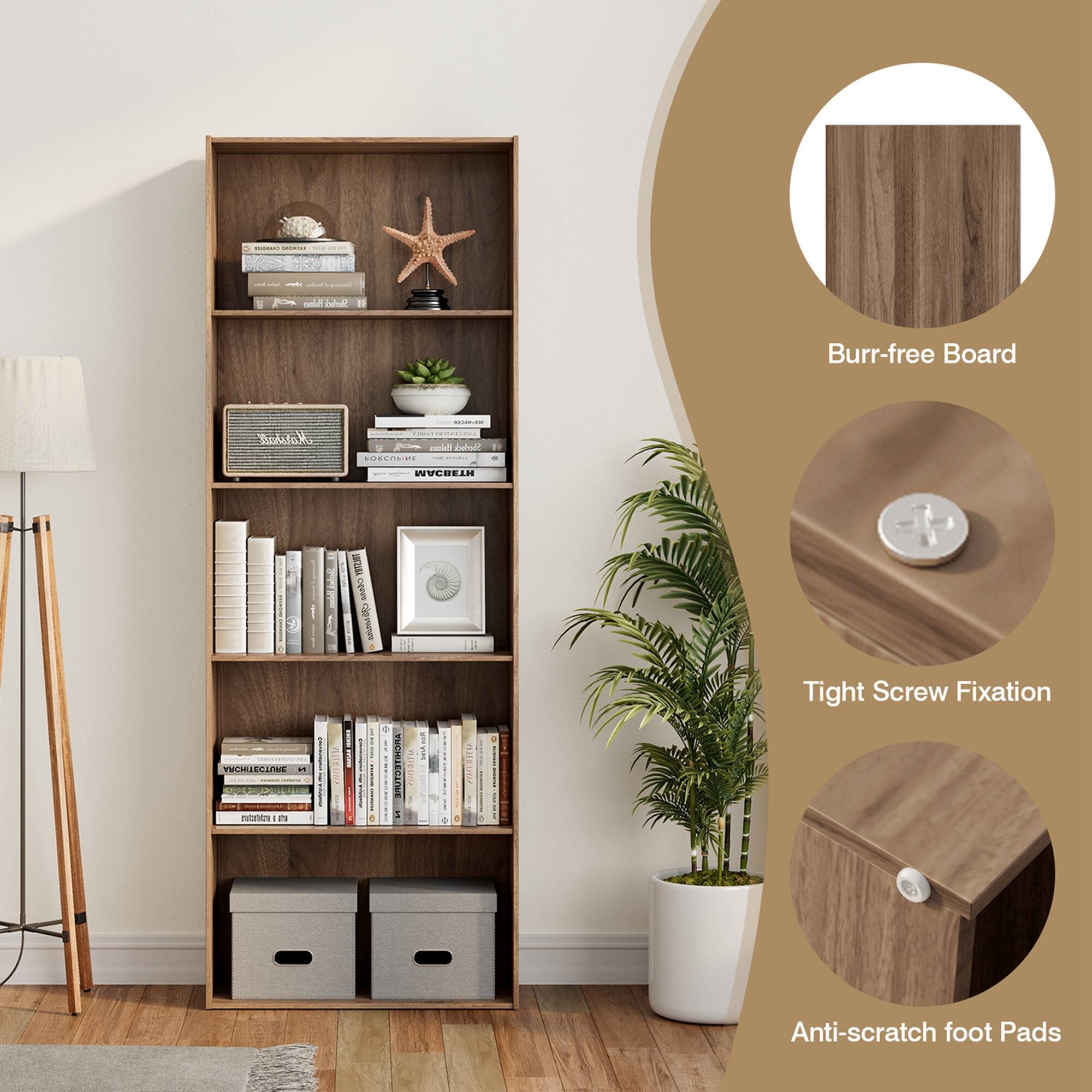 The image features a wooden bookshelf with a variety of books and a potted plant. The bookshelf is described as having a burr-free board, tight screw fixation, and anti-scratch foot pads. The bookshelf is also shown with a lamp and a starfish on top.