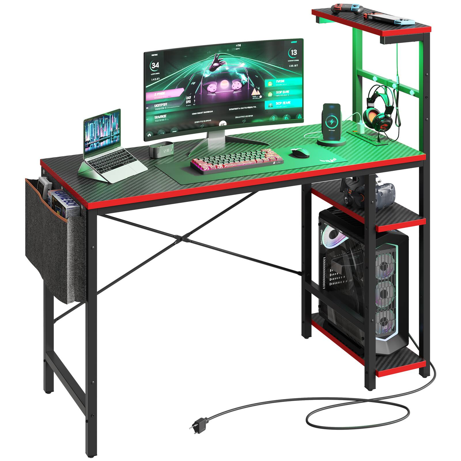 Bestier - 44-inch Gaming Desk with 4-Tier Storage Shelves, RGB Lights & USB Charging - Black Carbon Fiber