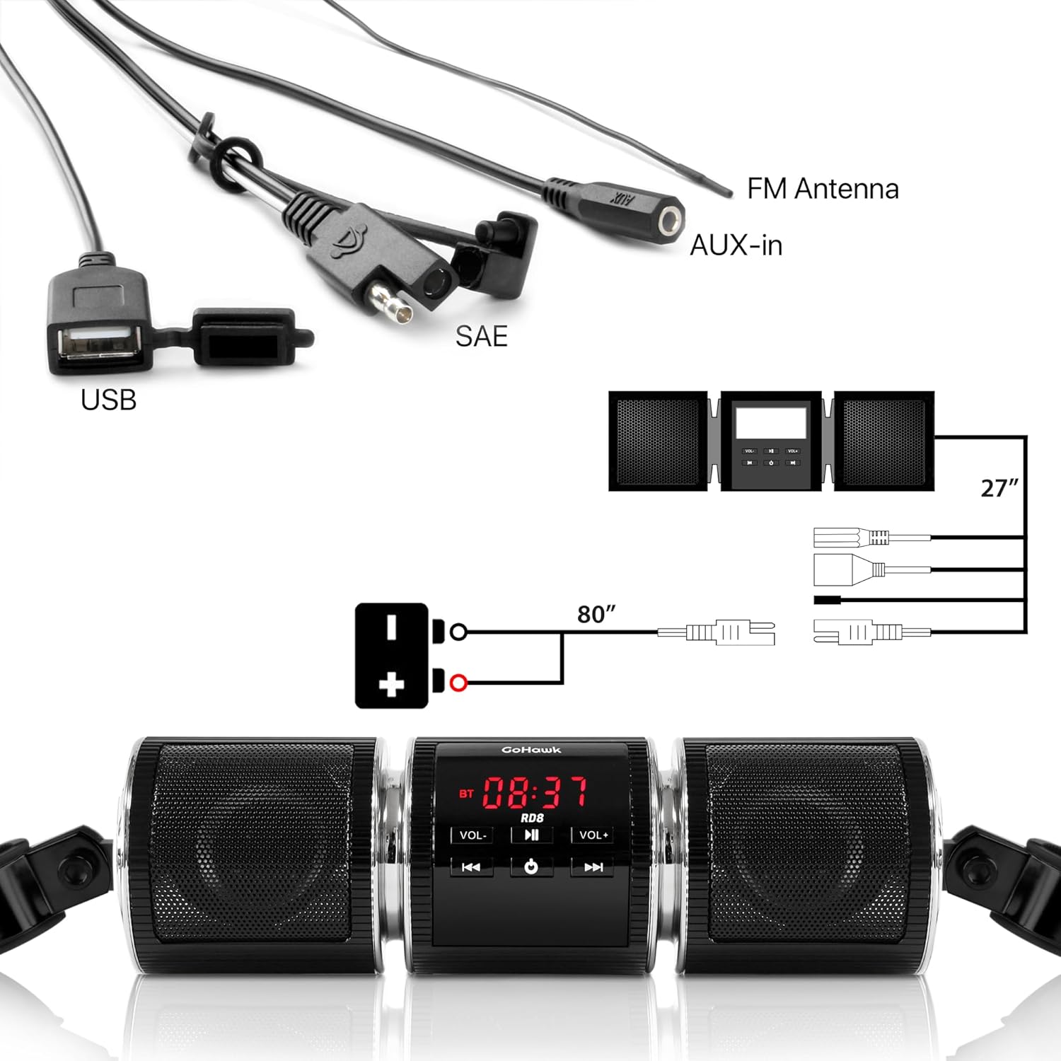 - AD FM Antenna
- AUX-in
- SAE
- USB
- 27"
- 80"
- Gahawk BT
- 08:37
- RDS
- VOL.-
- VOL+
- H D